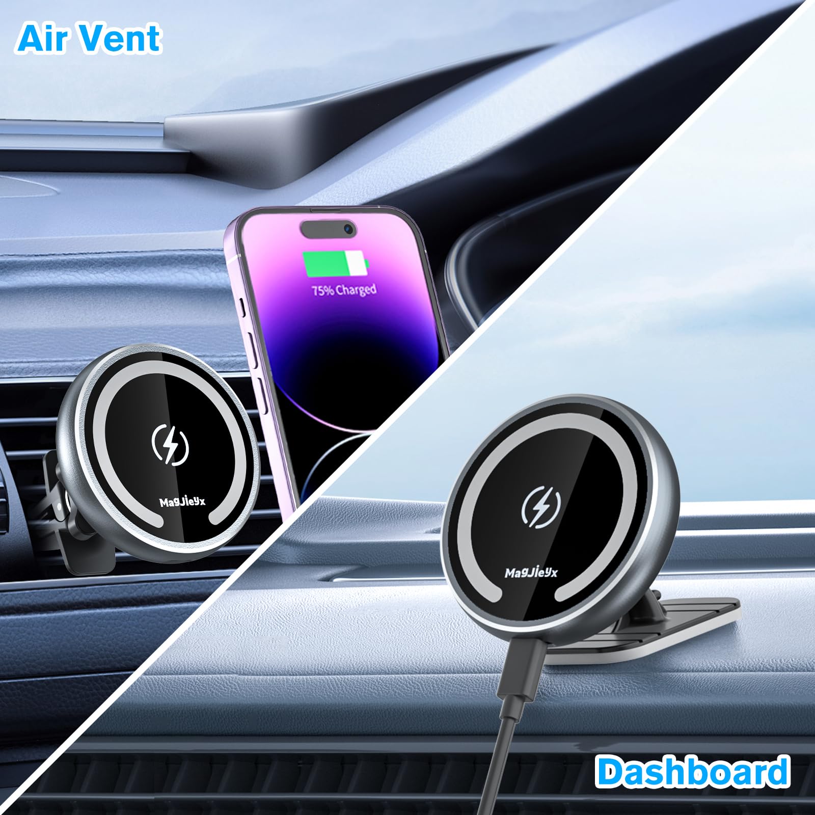 Magnetic Car Phone Holder with Magsafe Wireless Charger - Fast Charging Compatible with iPhone 16/15/14/13/12 Pro Max/Mini & Magsafe Cases - Air Vent & Dashboard Mount - Perfect for Road Trips & Commuting