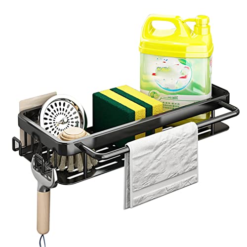 Kitchen Wall Organizer - No Drill Adhesive Hanging Rack with Hooks, Aluminum Spice Rack for Kitchen & Dining Room, Black 30cm - Perfect for Small Spaces & Apartment Living