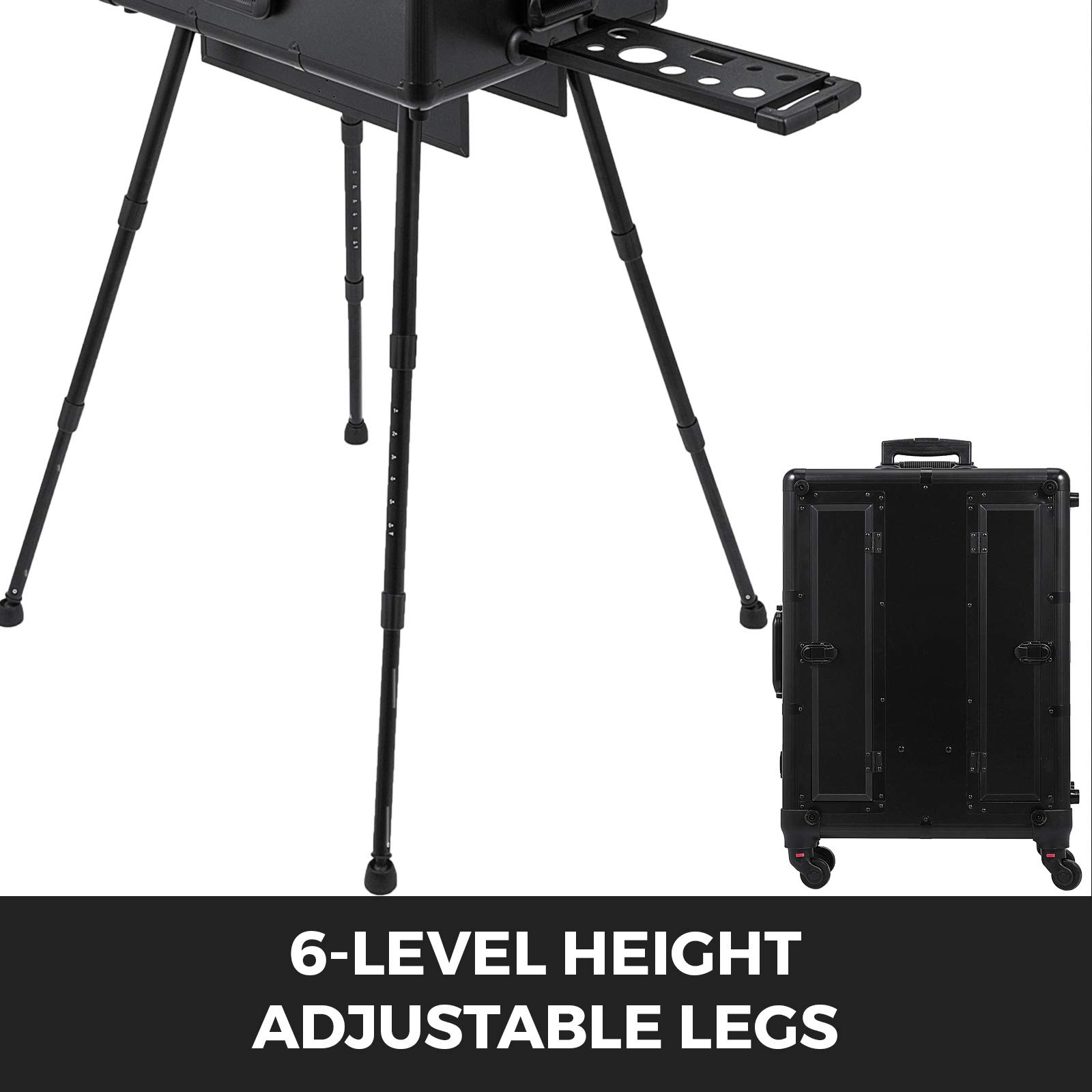 BuoQua Professional Rolling Makeup Station with Adjustable Legs & 6 Lights - 28 x 21 x 54 Inch Lockable Beauty Case for Cosmetic Artists, Home Salon & Studio (Black) - Perfect for Makeup Artists, Beauty Professionals & Home Vanity Organization