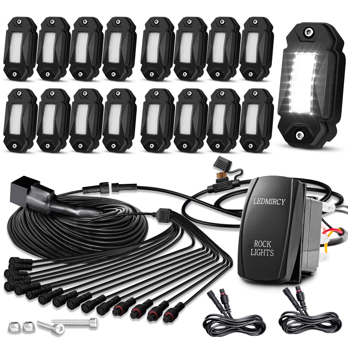 R2 Pure White Rock Lights Kit - 16PCS High Power Waterproof LED Underglow Lights for Offroad Trucks, ATV, UTV & SUV with Rocker Switch & Wire Harness | Perfect for Trail Rigs, Night Offroading & Underbody Lighting