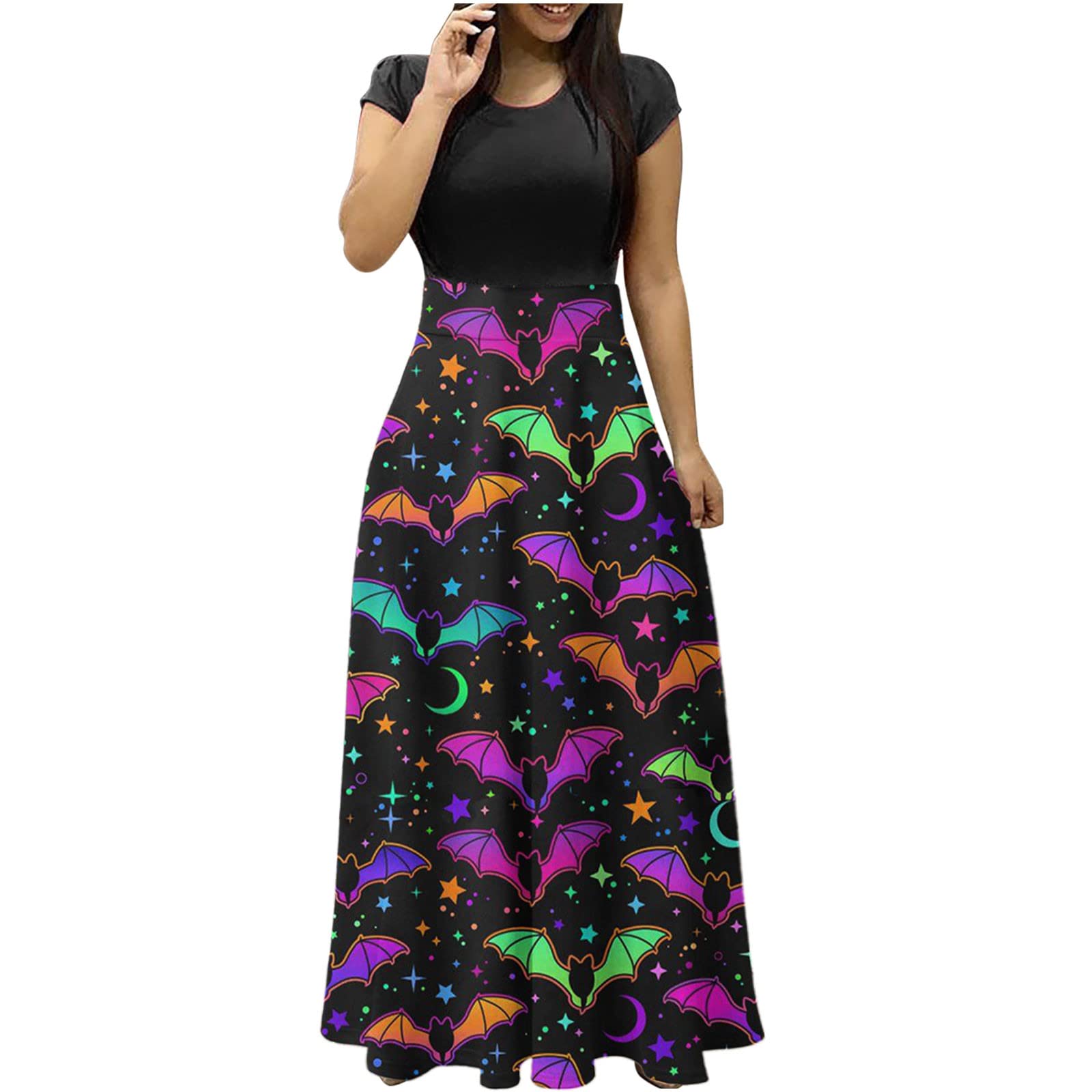 Spooky Halloween Skeleton Print Dress for Women - Vintage Short Sleeve Long Maxi Dress Plus Size Flowy Casual Gothic Costume | Perfect for Halloween Parties, Cosplay Events & Themed Gatherings