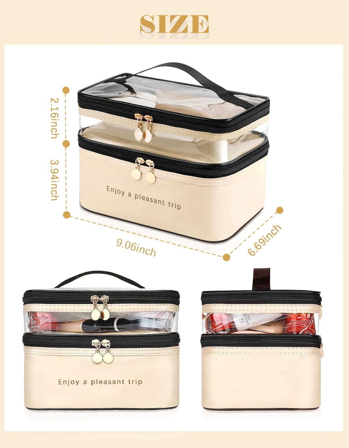 Double Layer Clear Waterproof Makeup Bag with Handle - Travel Cosmetic Organizer for Women, Girls Toiletry Case for Bottles, Brushes & Skincare Products - Perfect for Travel, Gym & Daily Use (White)
