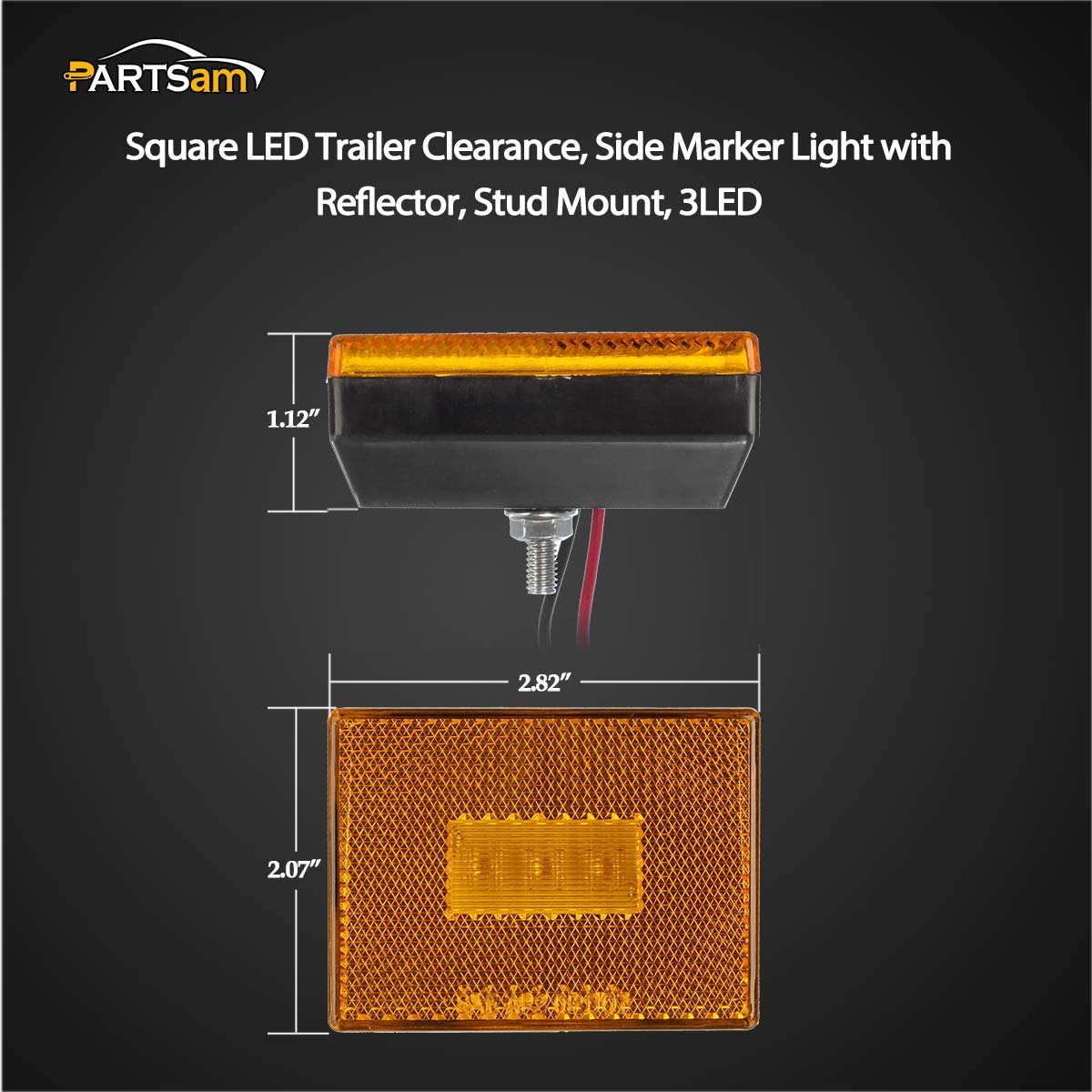 Partsam 2 Pack Amber LED Square Stud Mount Clearance Side Marker Lights for Trucks & Trailers - 12V Waterproof Rectangular Reflective Marker Lights with Reflex Reflector - Ideal for Semi Trailers, Campers & Commercial Vehicles