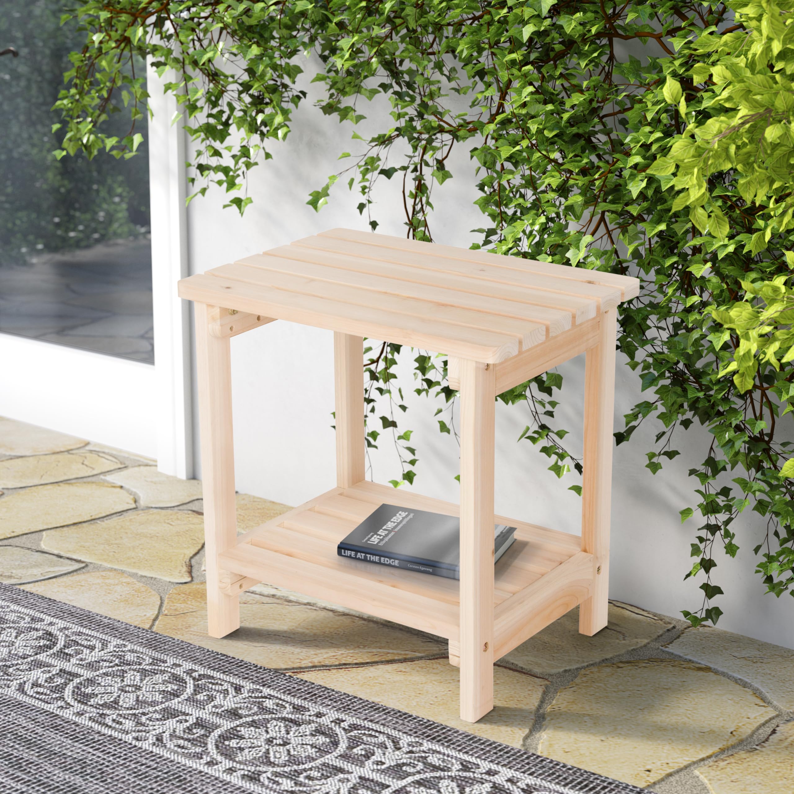Shine Company Providence Rectangular Solid Wood Side Table - Natural Finish Outdoor Adirondack Small Patio Table for Garden, Deck, Poolside & Backyard Relaxation