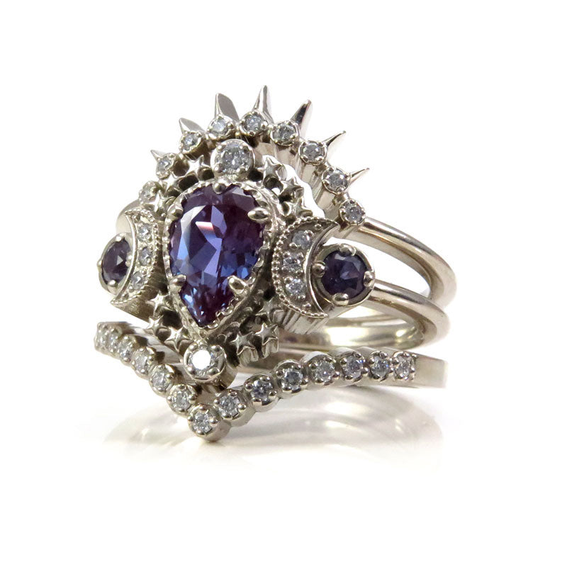 3 Ring Engagement & Wedding Set - Chatham Alexandrite Pear Cosmos with Sunray & Pave Diamond Bands in 14K Palladium White Gold | Perfect for Proposals, Anniversaries & Bridal Jewelry