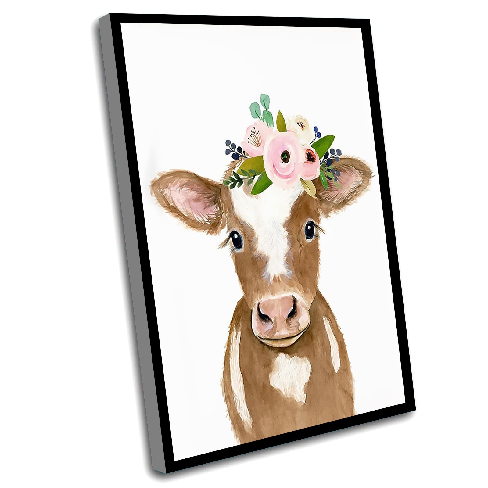 Watercolor Cow Painting Wall Art - 16x24 Inch Framed Nursery Decor with Flower Crowned Brown Calf, Farmhouse Animal Print for Kids Room, Baby Shower Gift | Perfect for Nursery, Playroom & Farmhouse Themed Spaces