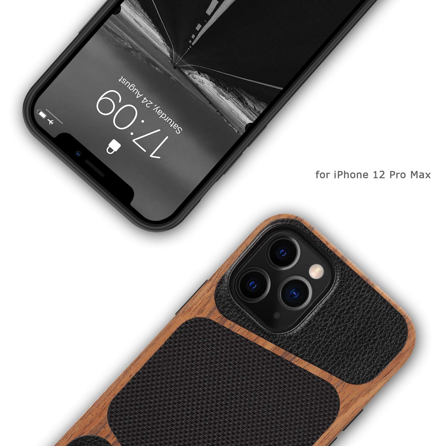 Tasikar iPhone 12 Pro Max Case - Wood Grain & Nylon Fabric Hybrid Slim Cover with Leather Design - Easy Grip Protective Phone Case (Black) - Perfect for Daily Use, Office & Travel Protection