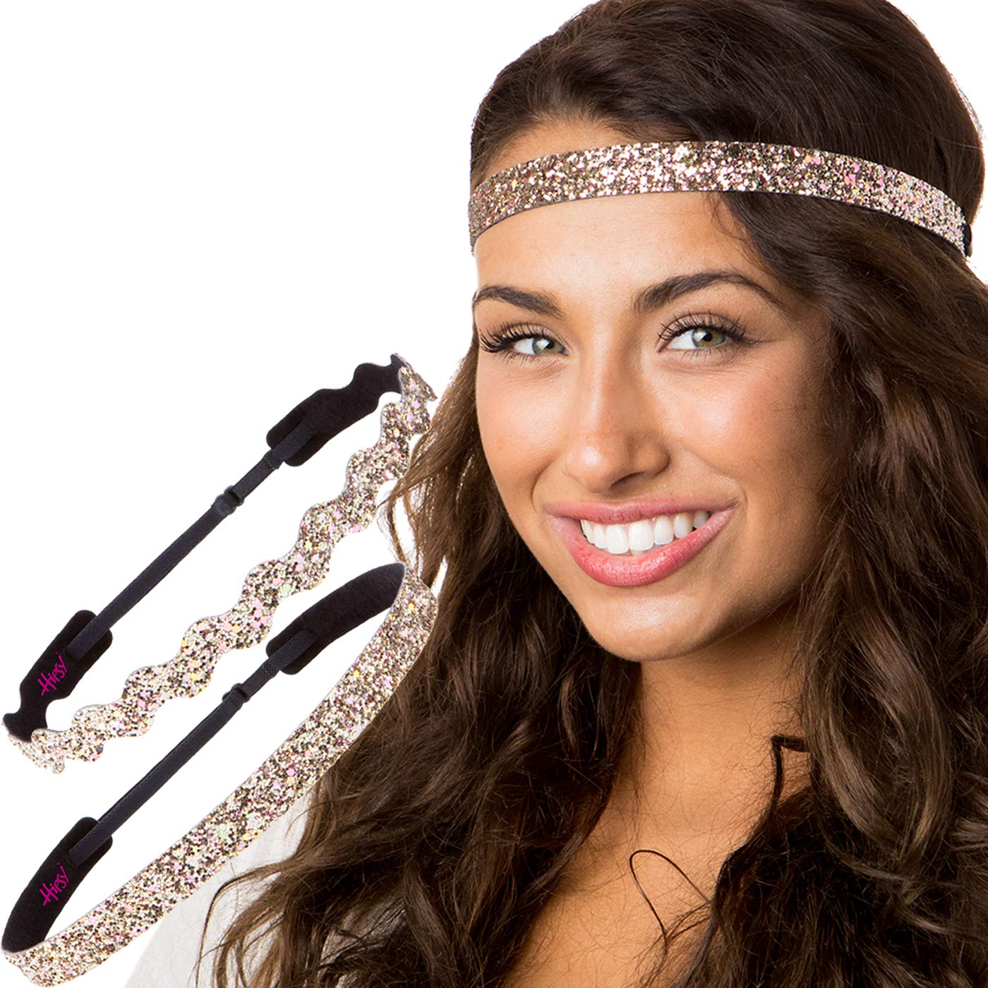 Sparkly Adjustable No-Slip Bling Headbands for Women, Girls & Teens - 2 Pack Mixed Rose Gold & Glitter - Perfect for Workouts, School, and Everyday Fashion