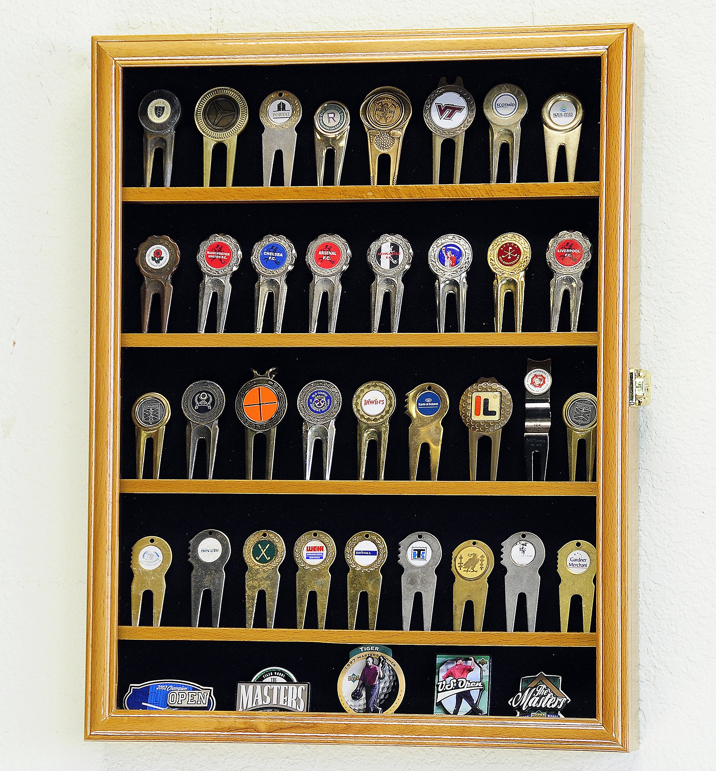 Premium Golf Ball Divot Tool & Marker Display Case - Oak Finish Cabinet for Coin Chips & Medallions - Perfect for Home, Office, or Clubhouse Decor
