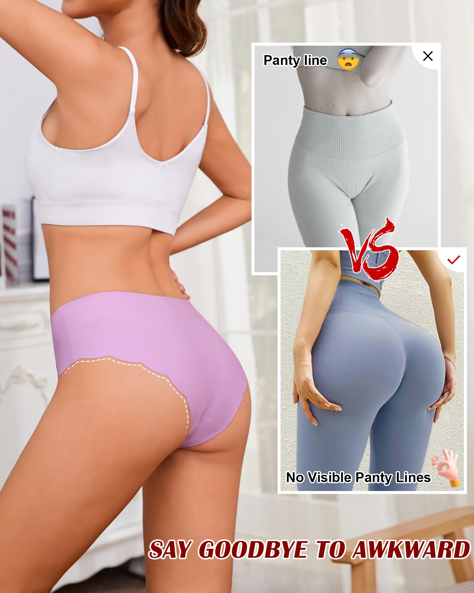 No Show Cheeky Panties for Women - 6 Pack Sexy V-Cut Bikini Underwear (S-XL) | Comfortable Invisible Underwear for Everyday Wear, Yoga & Workouts