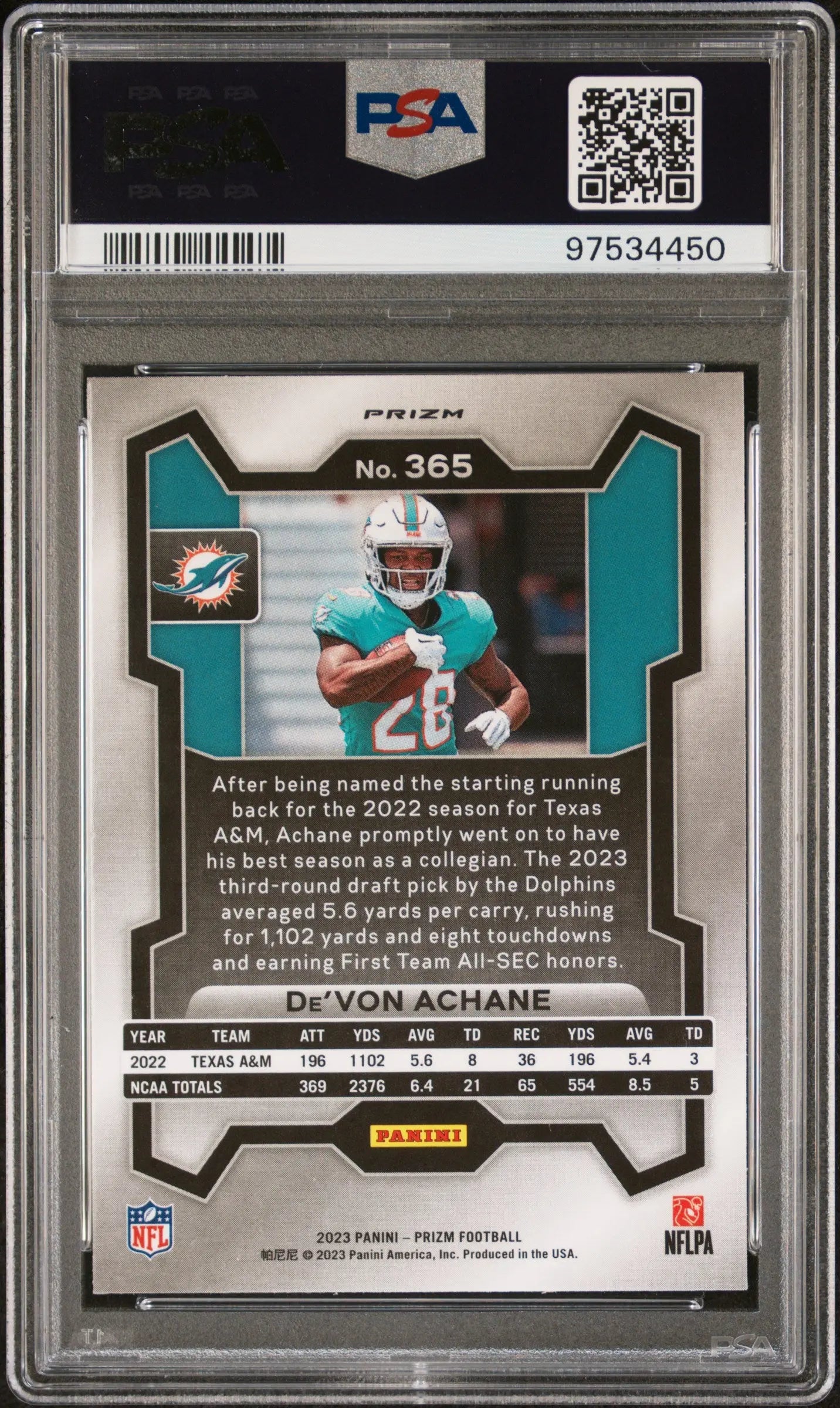 2023 Panini Prizm De'von Achane Rookie Card Orange Ice Prizm PSA 10 - Football Trading Card for Collectors & Sports Fans, Perfect for Display & Investment