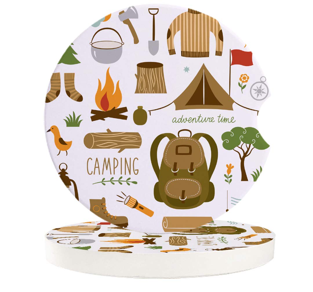 Absorbent Car Coasters - Cartoon Camping Pattern Ceramic Cup Holders with Finger Notch for Easy Removal (2 Pack) - Perfect for Outdoor Adventures and Road Trips