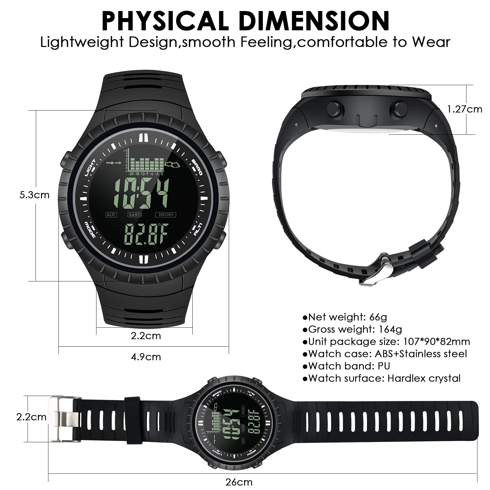Men's Digital Watch - Waterproof Military Sports Tactical Fishing Wristwatch with Altimeter, Barometer & Thermometer - Black | Perfect for Outdoor Adventures, Hiking, Camping & Water Sports