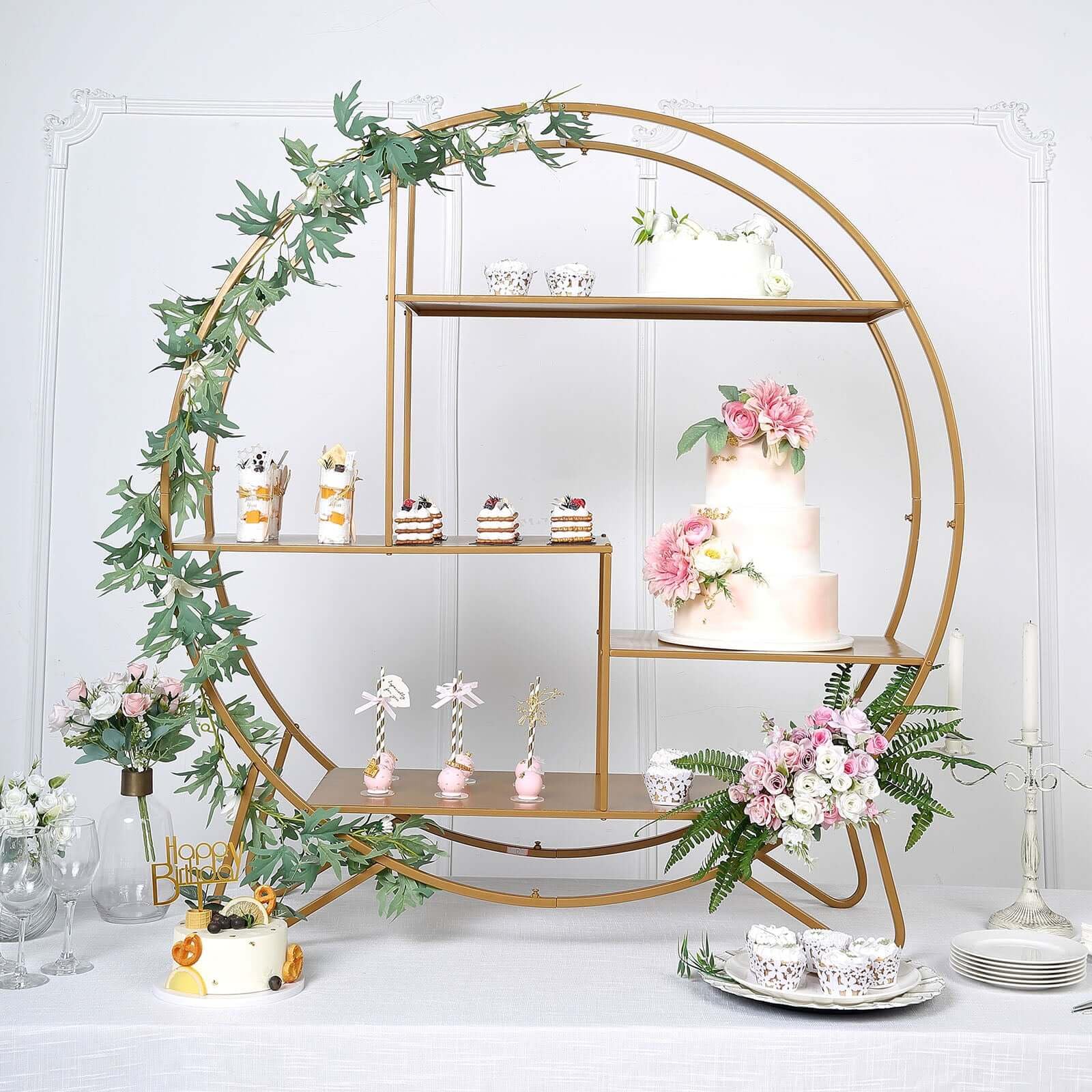 Efavormart 4ft Large Gold Metal Round Cake Stand - Elegant Dessert Display, Wedding Arch Backdrop, Balloon Rack & Modern Bookcase - Perfect for Wedding Receptions, Birthday Parties & Home Decor