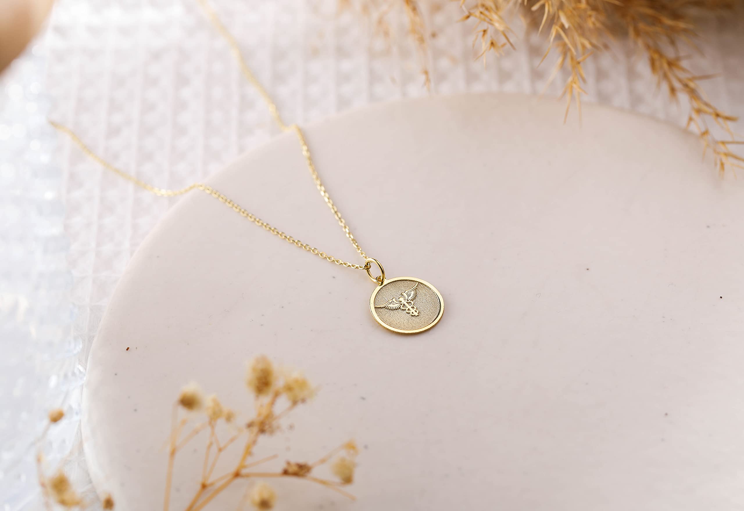 14K Gold Caduceus Medical Symbol Necklace - Personalized Doctor Nurse Jewelry Gift - Engravable Medical ID Pendant for Healthcare Professionals (Ideal for Graduation, Appreciation Gifts & Daily Wear)