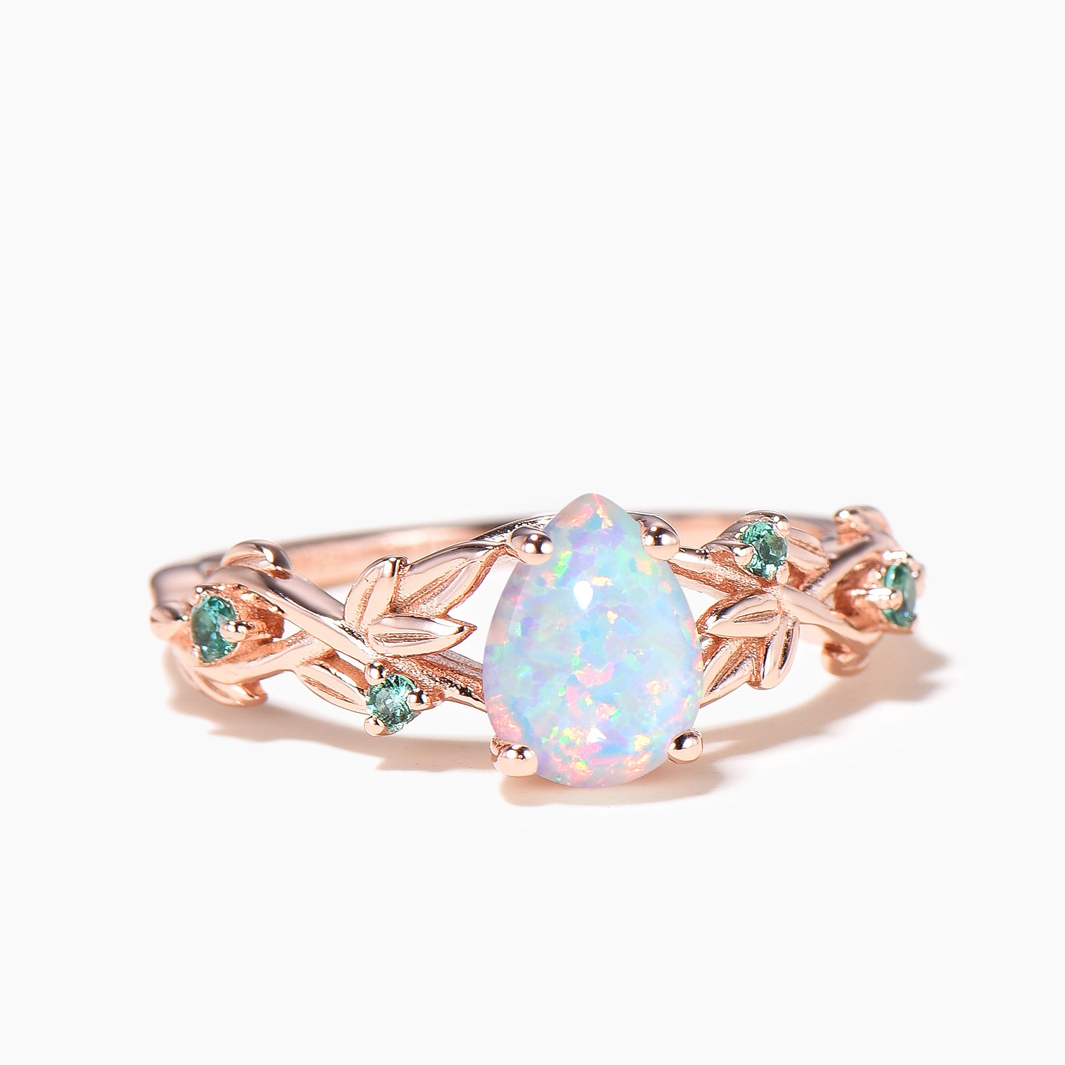 Pear Cut White Opal Engagement Ring - 14K Gold Leaf Twig Wedding Band for Women, Vintage Fire Opal & Emerald Bridal Jewelry - Perfect for Proposals, Anniversaries & Romantic Occasions