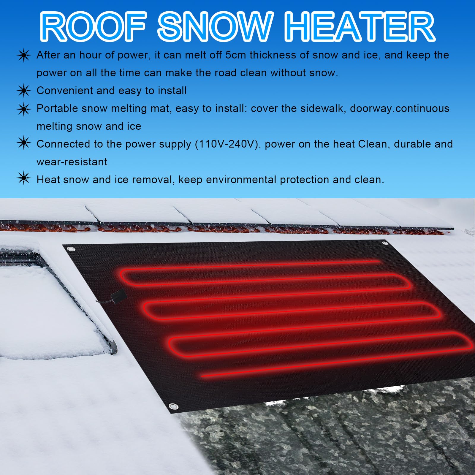 Heated Snow Melting Mats for Outdoor Use - Non-Slip Rubber Heating Entrance Mats with Plug Power Cord - Ideal for Sidewalks, Roof Walkways, and Driveways in Winter (Black, 30 x 47 Inch) - Perfect for Home, Business, and Commercial Properties
