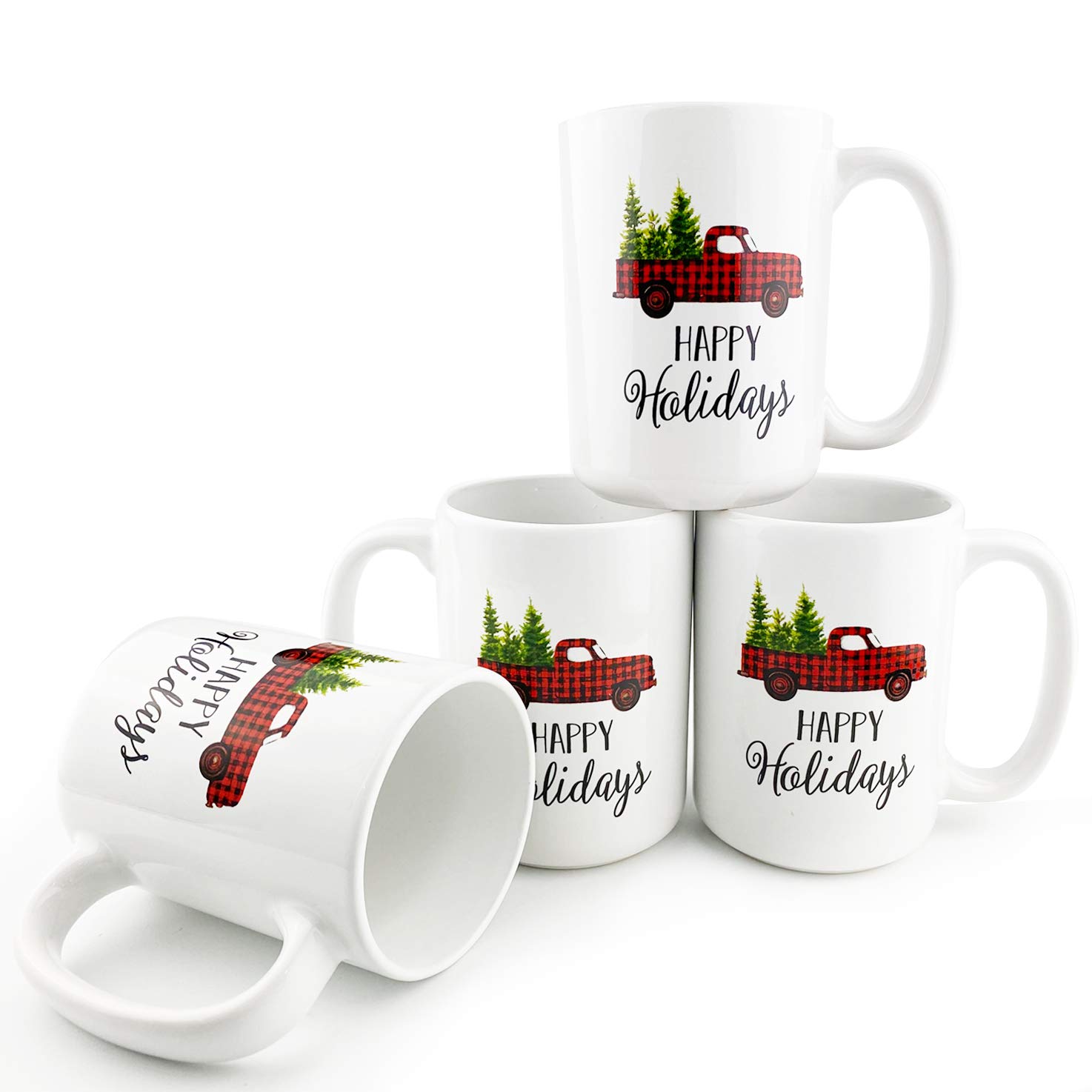 Red Truck Coffee Mugs Set of 4 - 16oz Porcelain Mugs for Holiday Coffee & Tea - Microwave Safe for Home & Office Use
