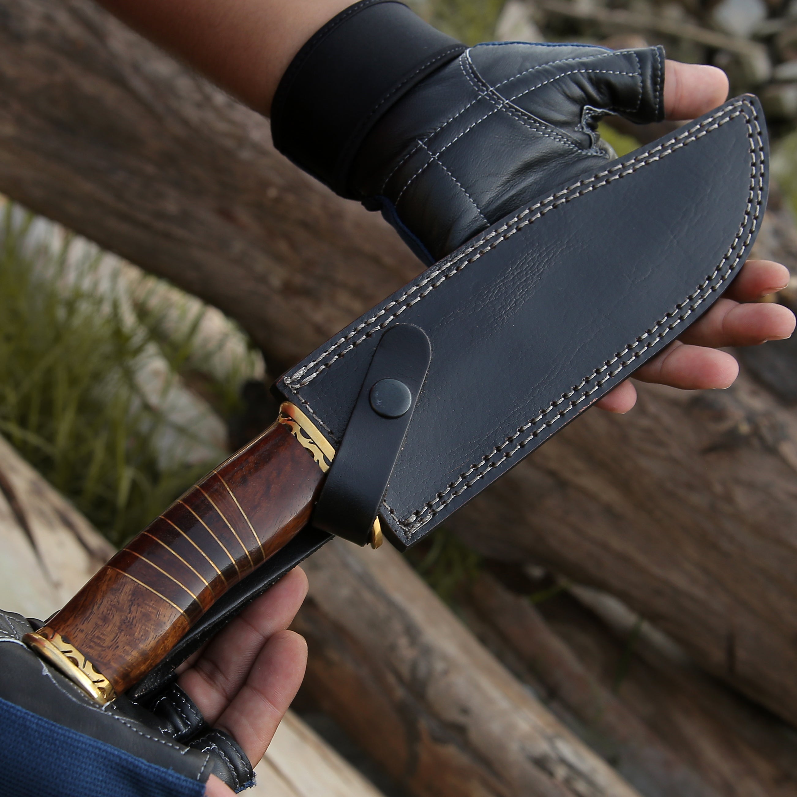 Premium Damascus Steel Bowie Knife with Rosewood Mosaic Handle - Hunting, Camping & Outdoor Survival Tool