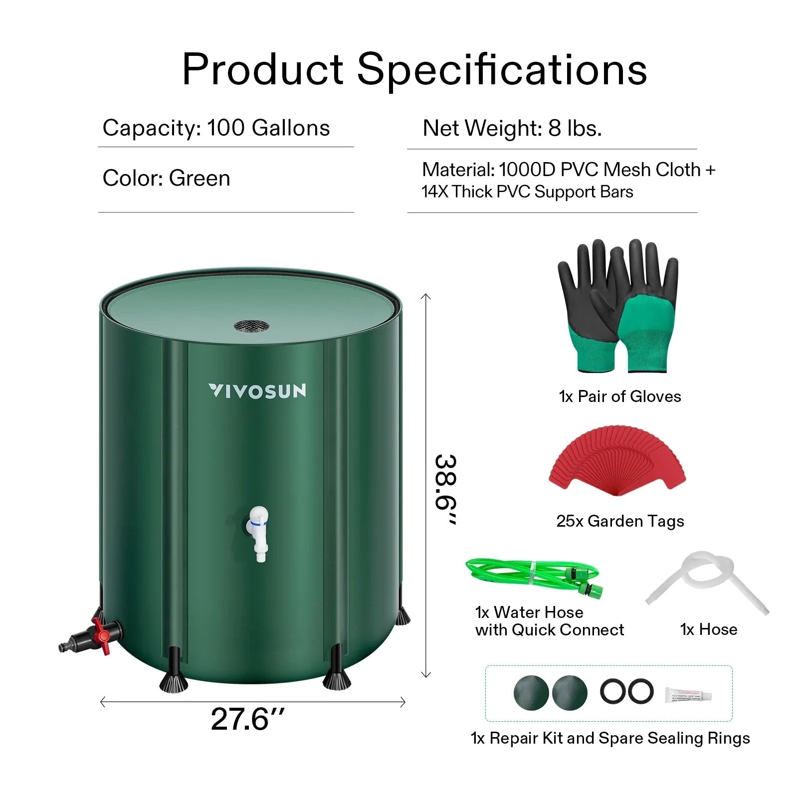 Vivosun 100 Gallon Collapsible Rain Barrel - Water Storage Container for Garden, Lawn & Outdoor Use | Eco-Friendly Rainwater Collection System | Perfect for Irrigation, Emergency Water Supply & Sustainable Living