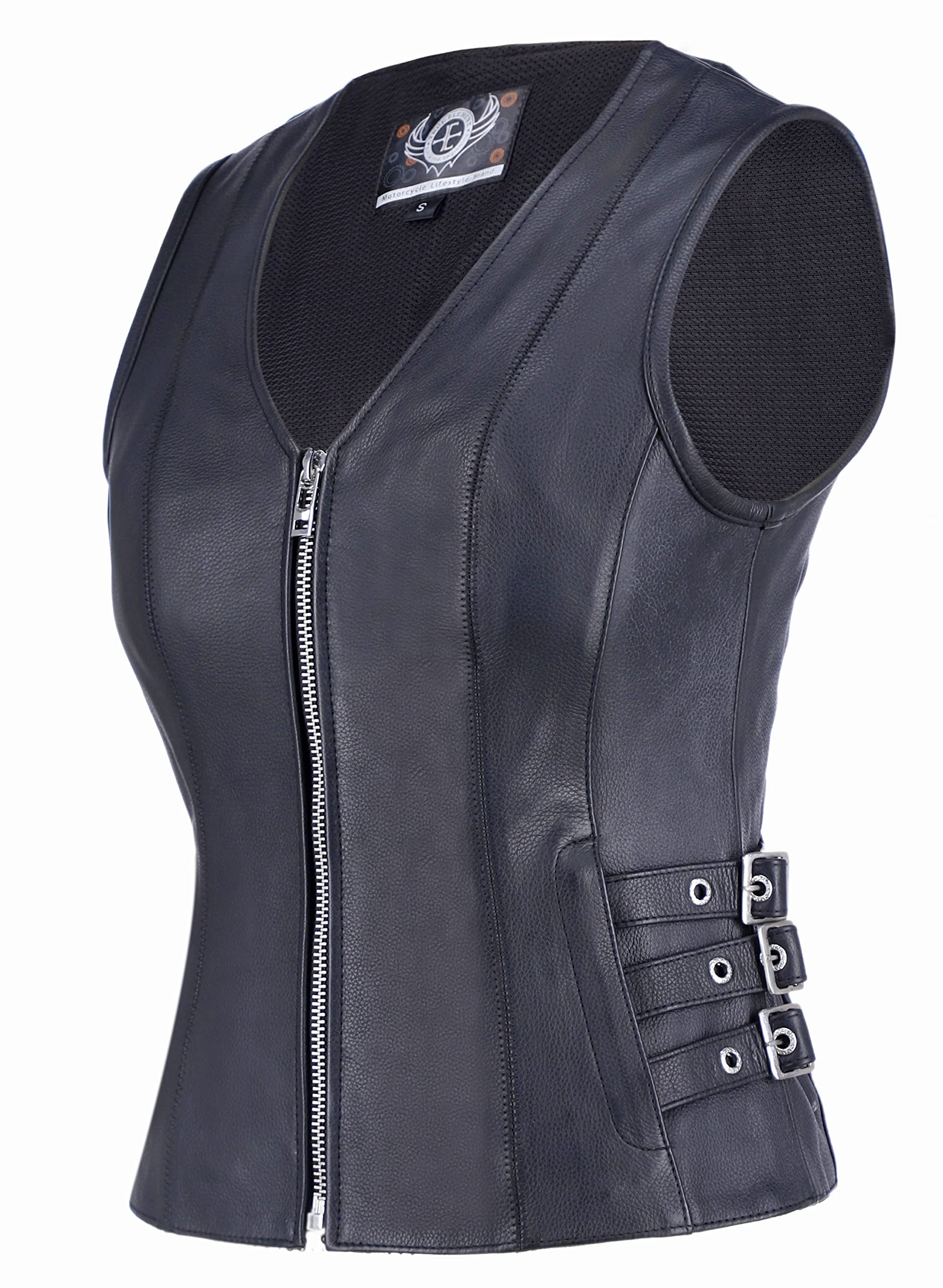 TRUE ELEMENT Women's Zipper Front V-Neck Motorcycle Leather Vest - Premium Biker Jacket for Female Riders (Black, Sizes XS-3XL) - Perfect for Harley Davidson Riding, Motorcycle Clubs & Casual Streetwear Fashion