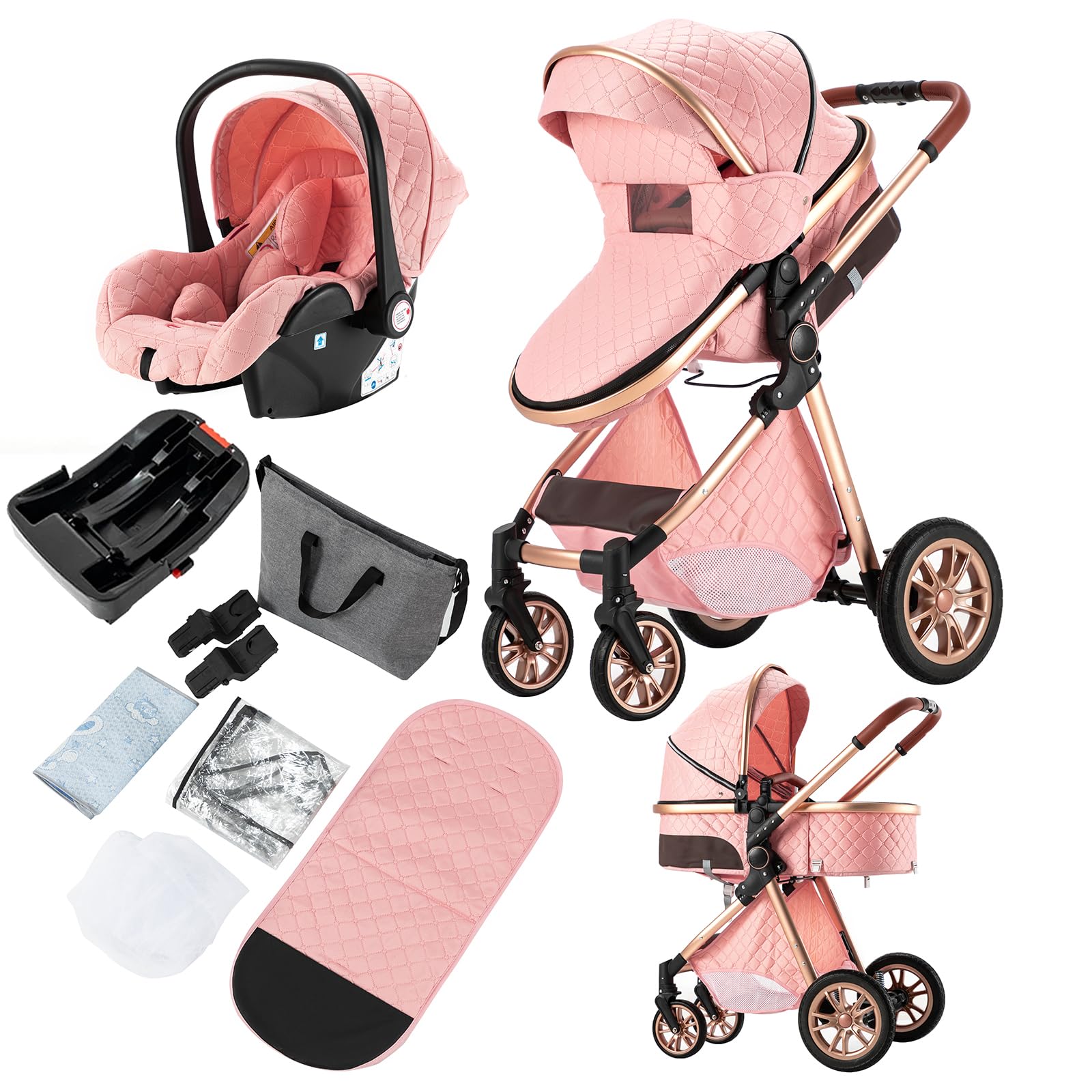 3 in 1 Baby Travel System - Reversible Stroller with Luxury High Landscape Pram & Foldable Design | Portable Standard Pushchair for Newborn to Toddler (UDV9-PINK with Base) | Perfect for Shopping, Travel & Daily Walks