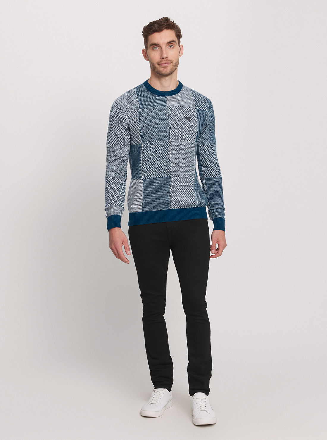 Eco-Friendly Blue Patchwork Knit Jumper for Women - Cozy Casual Sweater for Fall & Winter - Perfect for Office, Travel and Weekend Outings