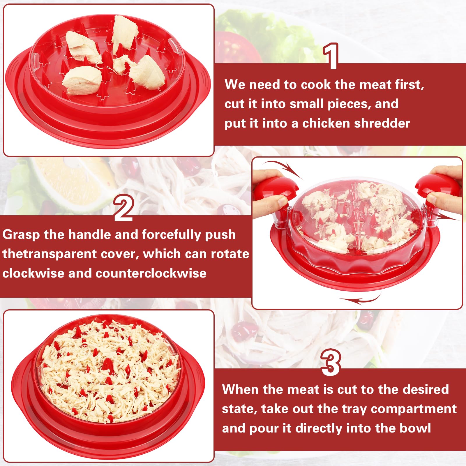 Manual Chicken Shredder Tool - Anti-Slip Meat Grinder with Transparent Lid & Tray Spacer | Ergonomic Handle, Dishwasher Safe, BPA-Free (Red) | Perfect for Pulled Chicken, Tacos, Sandwiches & Meal Prep