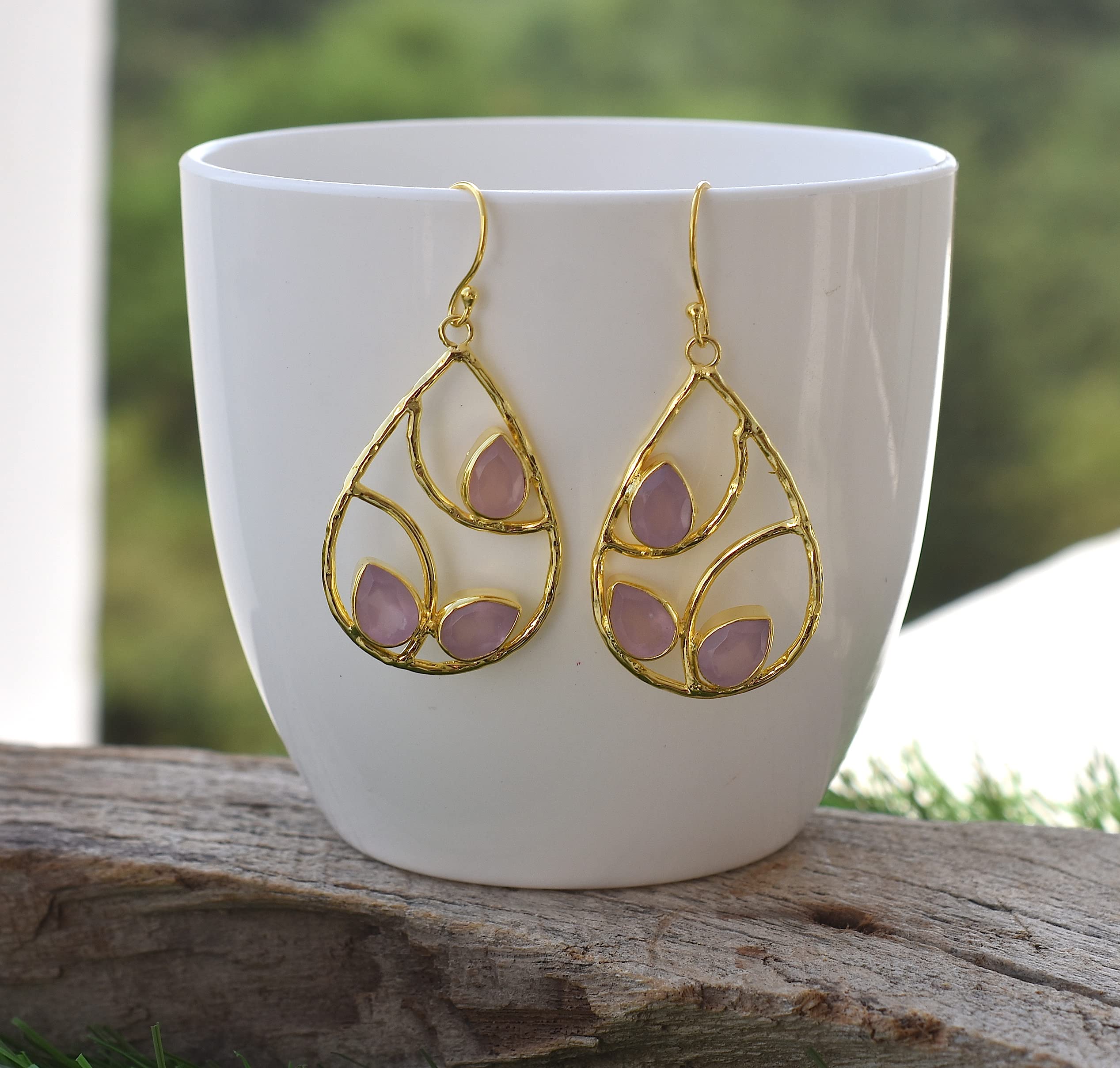 Veracity Pink Rose Quartz Gold Filled Drop Earrings for Women - Handcrafted Teardrop Dangle Earrings with Hammered Detailing | Trendy Fashion Jewelry Gift for Her | Perfect for Date Nights, Weddings & Special Occasions