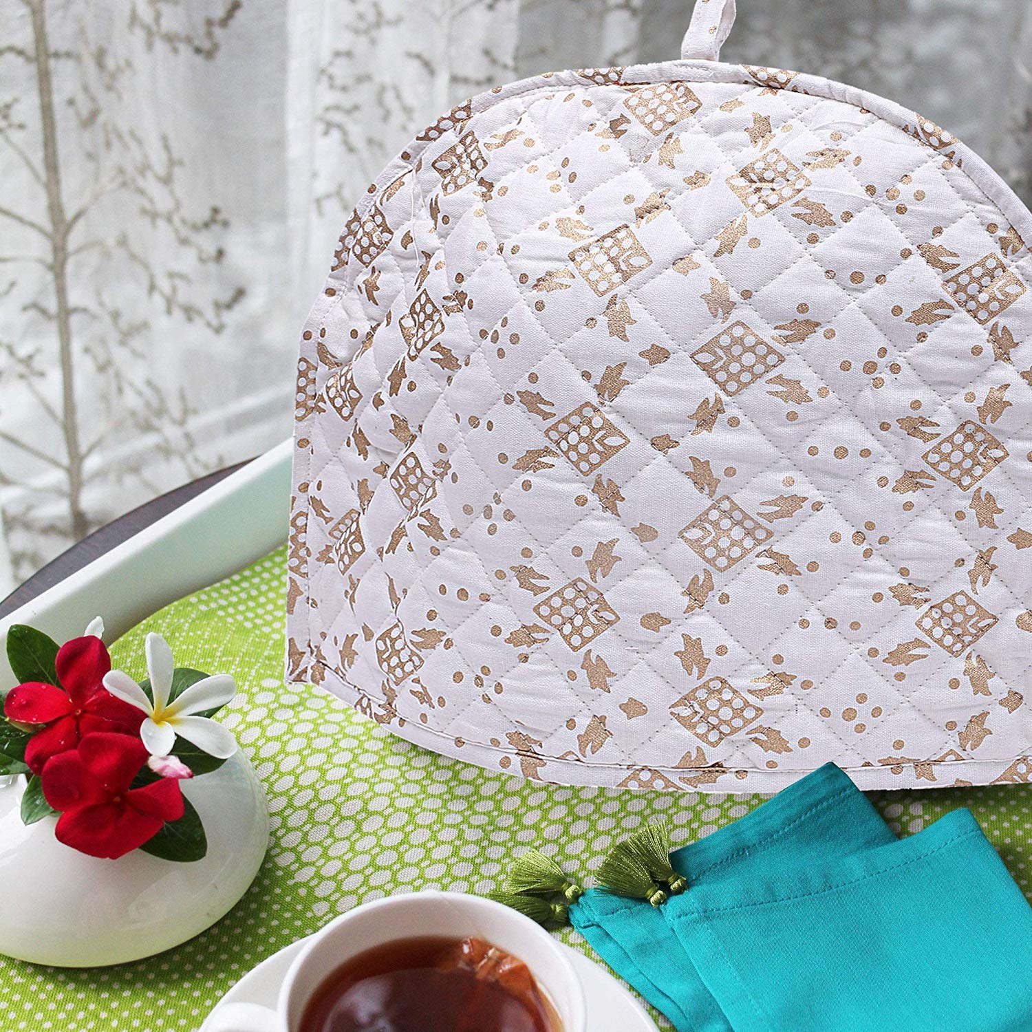 Handmade Gold Ombre Mandala Cotton Tea Cozy Cover - White & Royal Gold Printed Kitchen Accessory (14x11 Inch) - Perfect for Teapots, Kettles & Cozy Afternoon Tea Parties