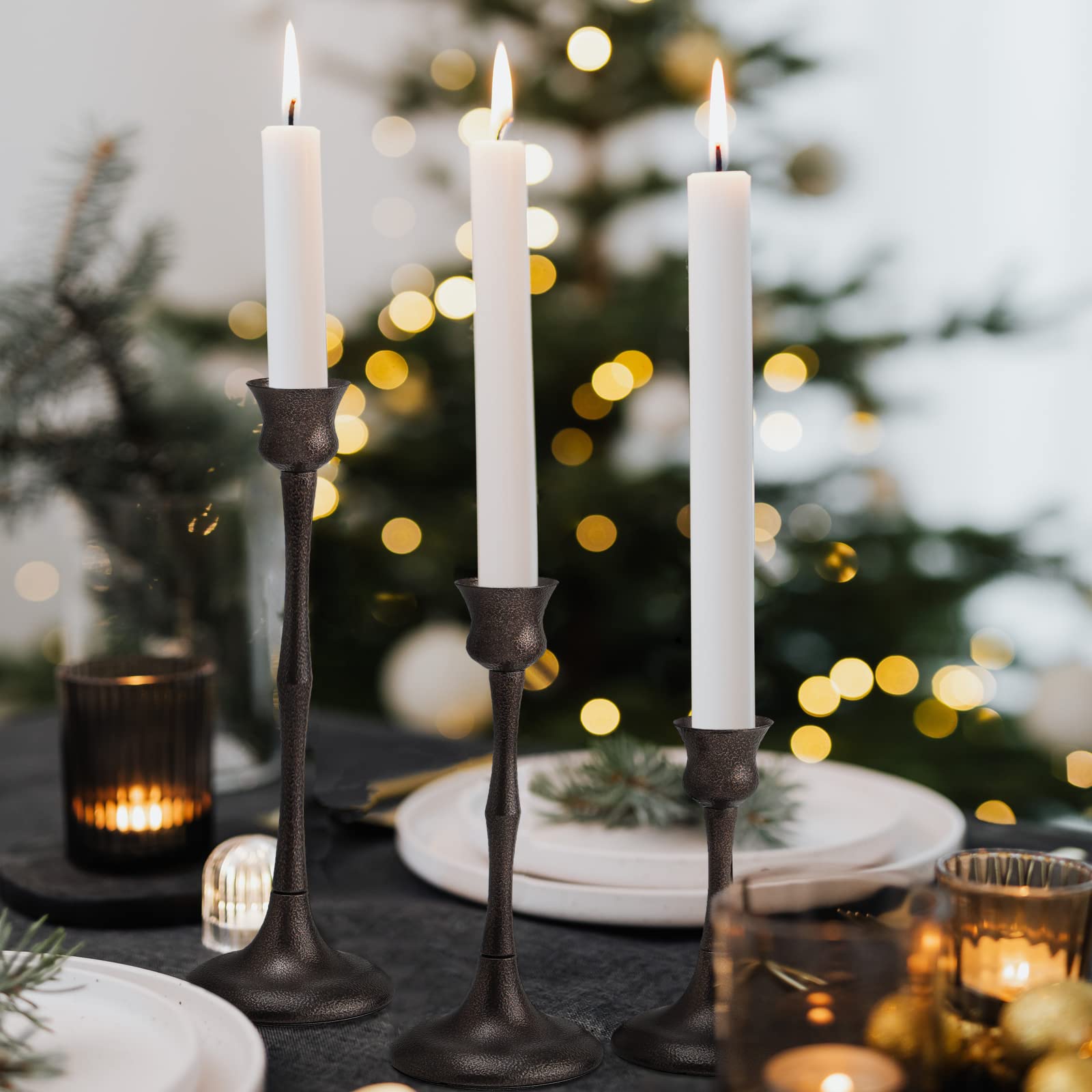 3-Pack Metal Candlestick Holders Set - Elegant Taper Candle Stand for Table Centerpiece, Fireplace Mantel & Holiday Decor - Perfect Wedding, Thanksgiving, Christmas & Housewarming Gift - Ideal for Romantic Dinners, Cozy Evenings & Festive Celebrations