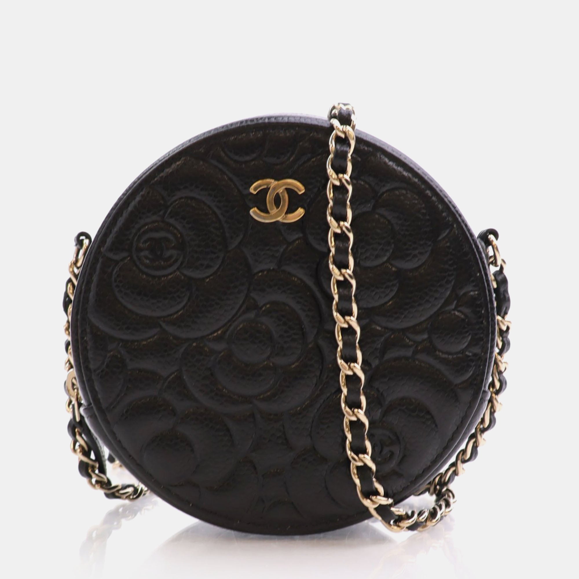 Luxury Black Caviar Embossed Camellia Round Clutch Purse with Detachable Chain Strap - Perfect for Evening Parties, Weddings & Special Occasions
