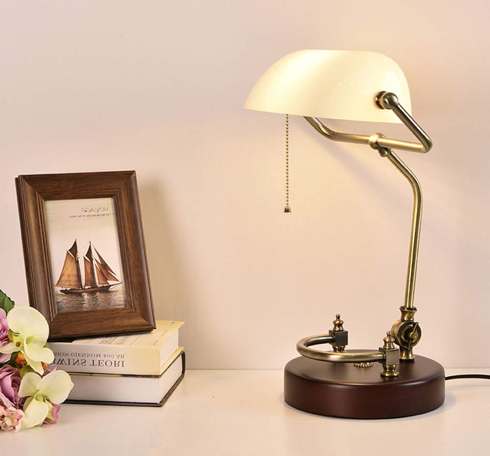 Vintage White Bankers Lamp with Glass Shade - Solid Wood Antique Desk Lamp for Office, Study & Reading - Classic Literature & Art Inspired Lighting - Perfect for Home Office, Library & Study Room
