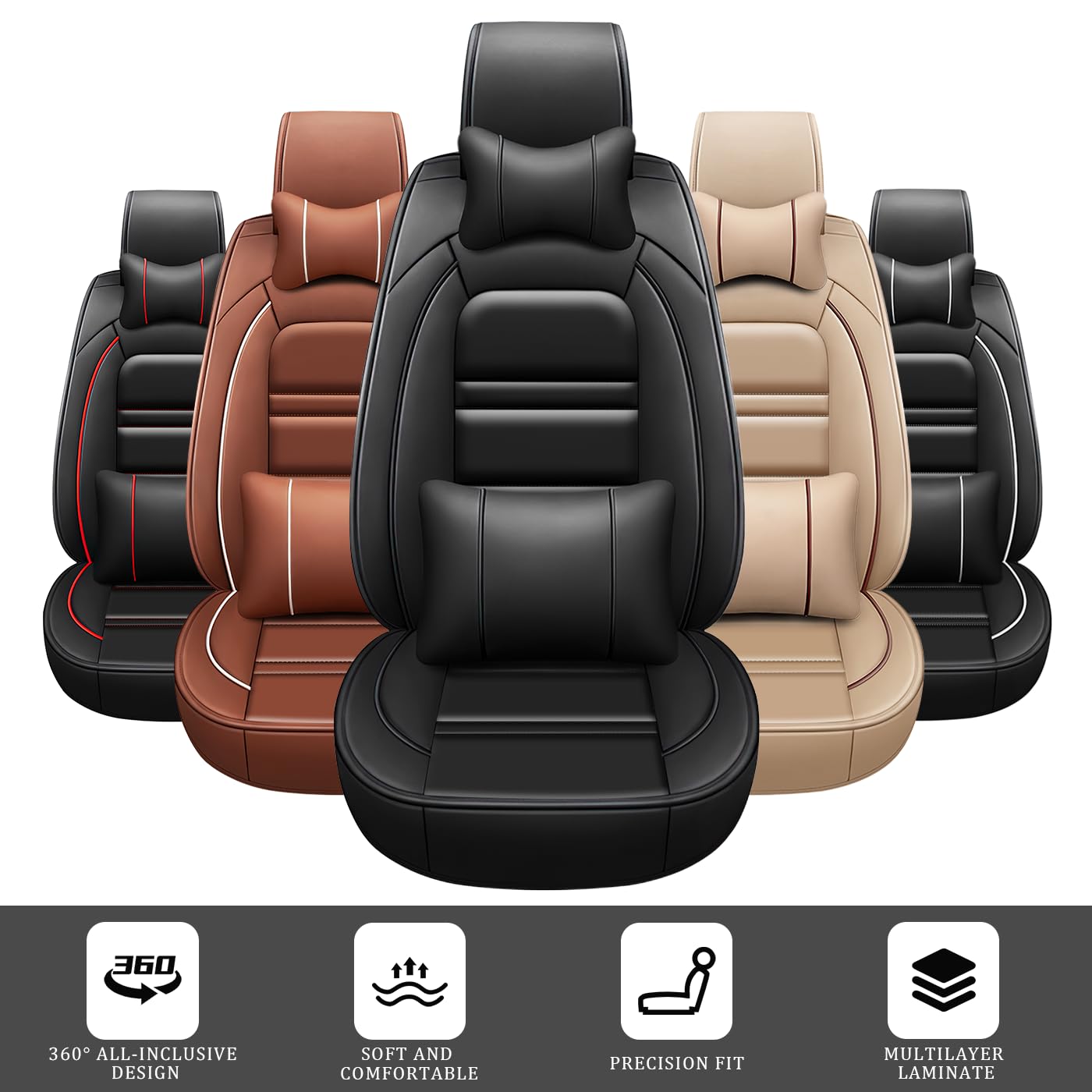 Premium Leather Car Seat Covers for Toyota Sequoia 2001-2023 - 5-Piece Set with Front & Rear Seat Protectors, Wear-Resistant, Waterproof & Easy to Clean (Includes Headrest Pillows & Coffee Cup Holder) - Perfect for Road Trips, Daily Commutes & Family Adventures