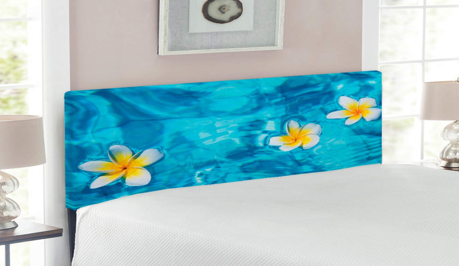 Ambesonne Hawaiian Queen Size Headboard - Tropical Frangipani Flower Design, Water Pool Summer Theme, Eco-Friendly Upholstered Metal Bed Frame with Memory Foam in Aqua Yellow White | Perfect for Beach House, Tropical Bedroom Decor & Vacation Home Style