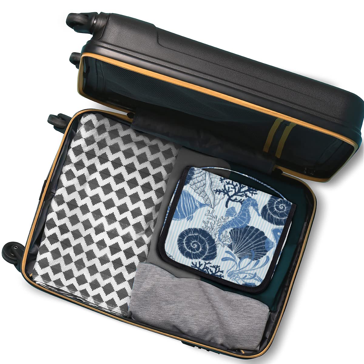 Waterproof Hanging Toiletry Bag with Seashell Design - Travel Makeup Organizer Pouch with Hook for Women & Men - Perfect for Beach Vacations, Camping Trips and Gym Use