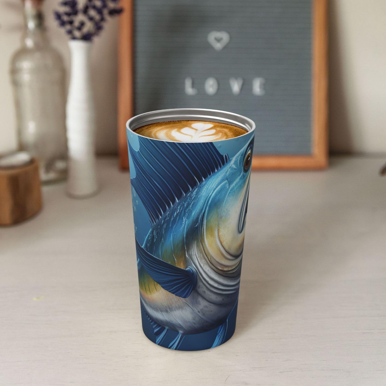 GFLFMXZW Stainless Steel Insulated Coffee Mug with Lid - 20oz Vacuum Insulated Travel Tumbler, Double Wall Thermal Cup for Hot & Cold Drinks - Perfect for Office, Commuting, Camping & Outdoor Activities (Blue Fish Design)