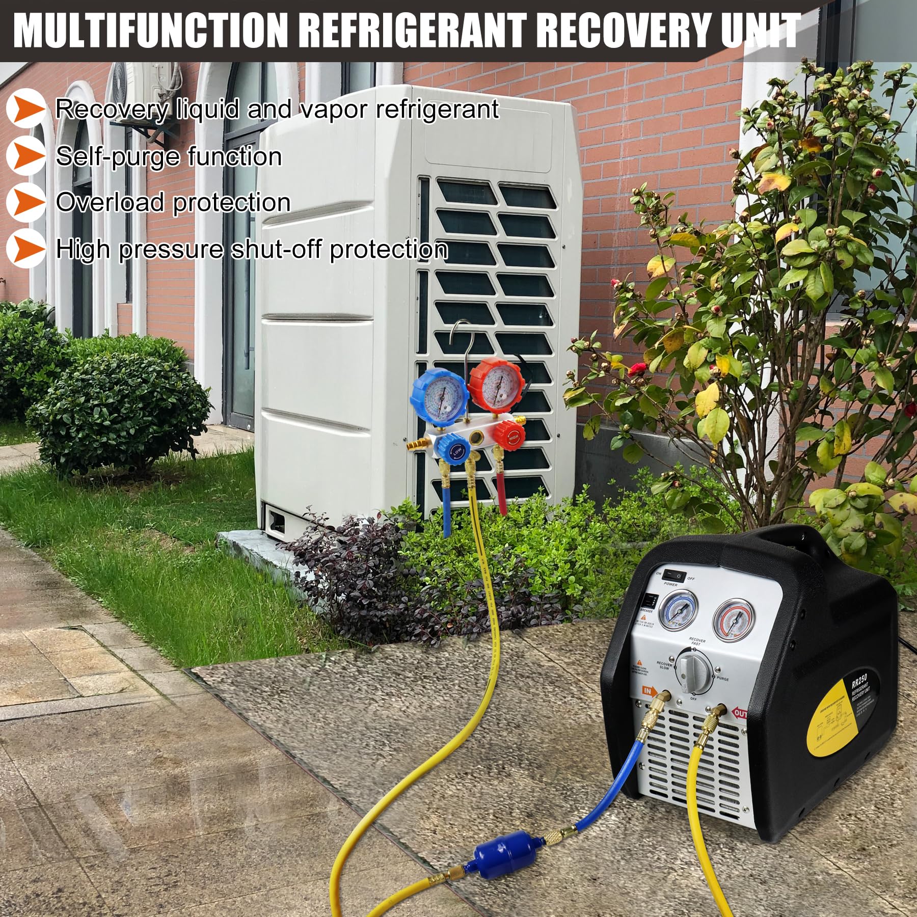 JIFETOR Portable AC Refrigerant Recovery Machine - 3/4HP Oil-Less Compressor for Recycling Liquid & Vapor Refrigerant | Automotive AC & HVAC System Maintenance Tool | Ideal for Car Repair Shops & Home HVAC Service