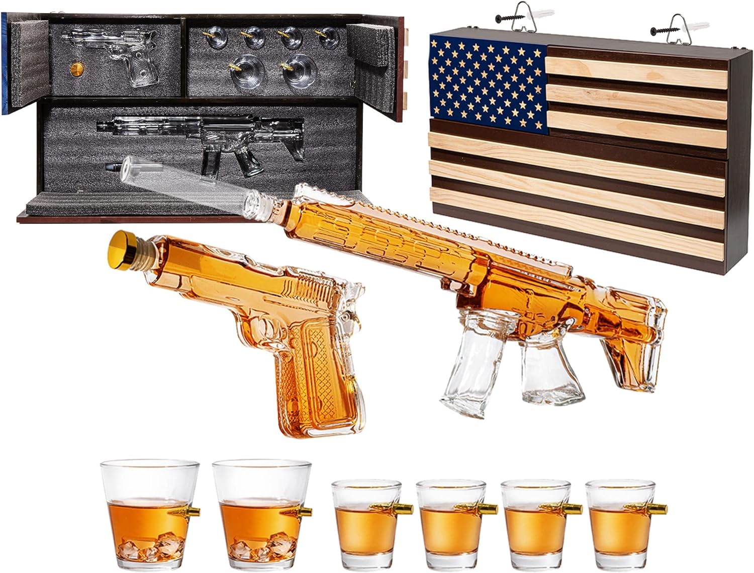 AR15 Whiskey Gun Decanter Set with American Flag - 1000ml Rifle & Pistol Liquor Dispenser, Bullet Shot Glasses & Hanging Storage Gift Box - Perfect for Army, Navy, Marine Veterans & Gun Lovers - Great for Man Cave, Hunting Cabin, Military Themed Parties & Patriotic Home Decor