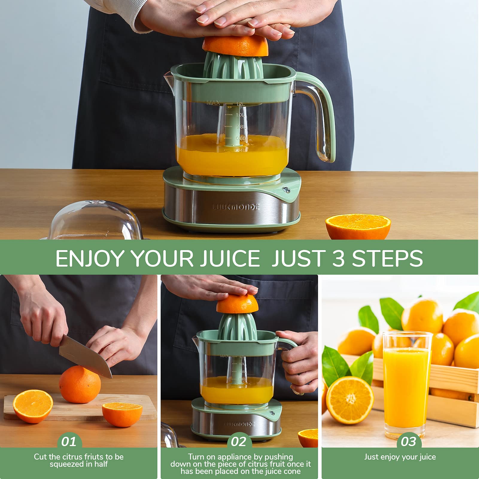 LUUKMONDE 1.2L Electric Citrus Juicer - Powerful Motor & LED Light for Oranges, Lemons, Limes, Grapefruits - Perfect for Breakfast Bars, Juice Shops & Healthy Home Cooking