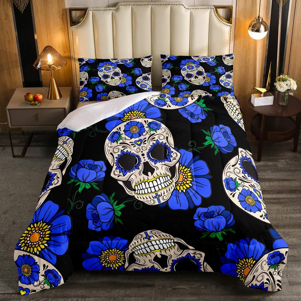 Gothic Sugar Skull Comforter Set - Floral Skull Bedding with Blue Tribal Flowers, Twin Size Down Alternative Duvet Insert & Pillowcase for Kids, Boys & Girls | Perfect for Halloween, Gothic Bedroom Decor & Unique Teen Room Themes