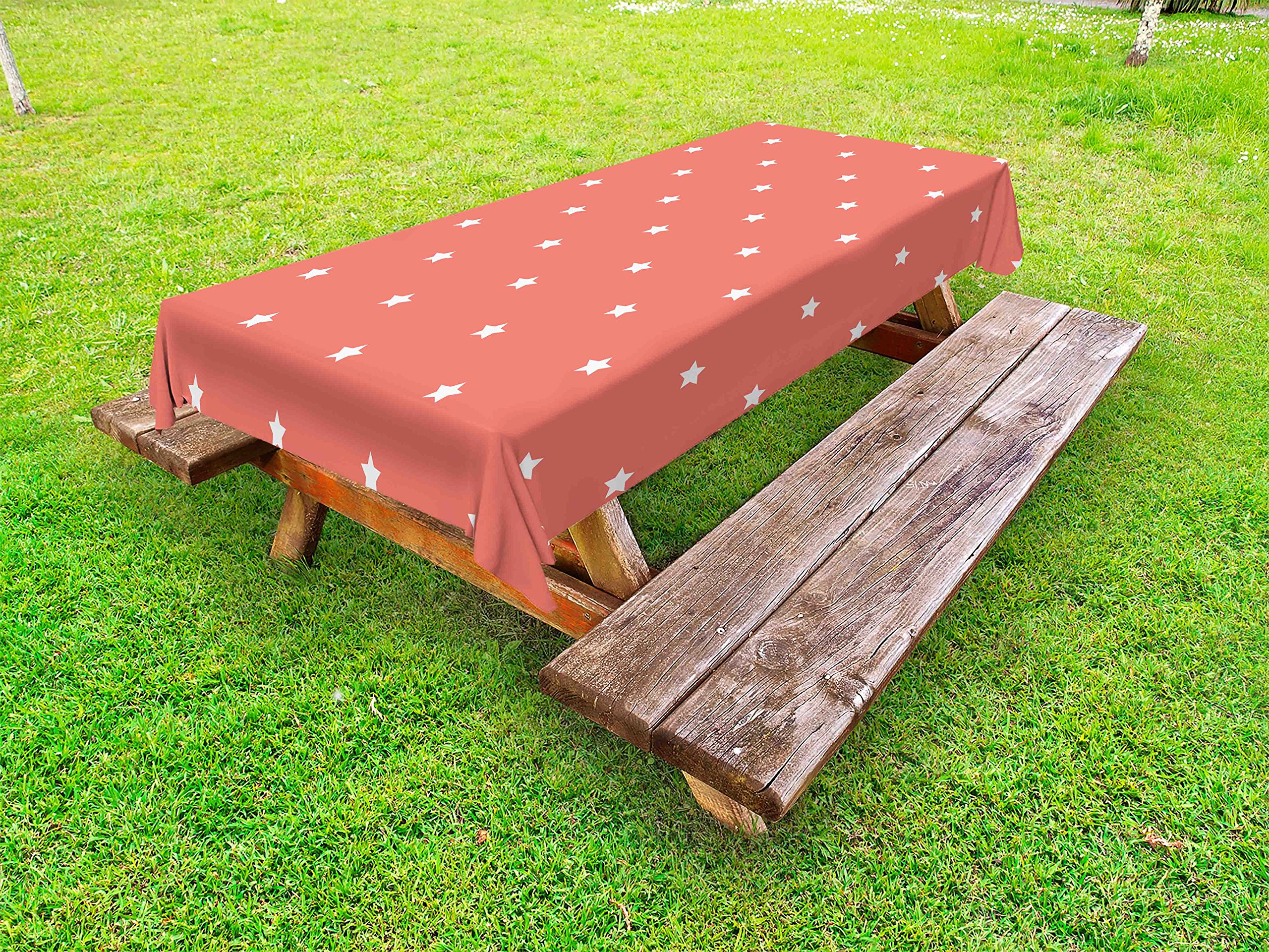 Ambesonne Coral Outdoor Tablecloth - Minimalist Star Design on Space Theme, Washable Picnic Table Cover 58x84 Inches, Coral & White - Perfect for Garden Parties, BBQs, and Outdoor Dining
