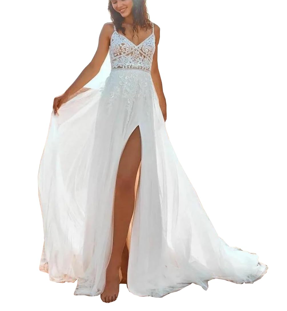 Boho Lace Applique Women's Spaghetti Strap Beach Wedding Dress - Sexy V-Neck Bridal Gown with High Slit for Beach Ceremony, Boho Wedding & Prom