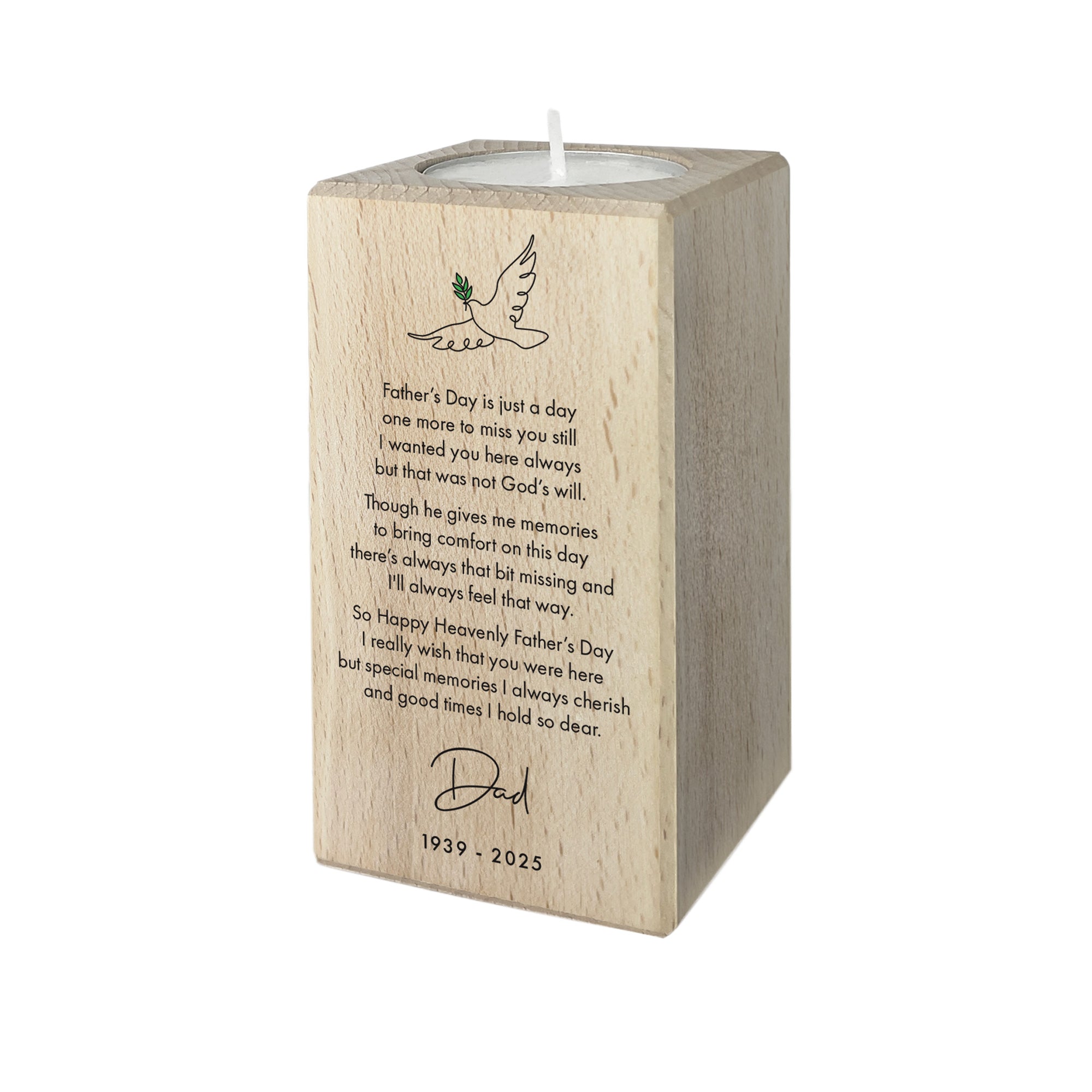 Personalized Happy Heavenly Father's Day Wooden Tea Light Holder - 2 Sizes for Memorial Gifts, Home Decor & Candle Display