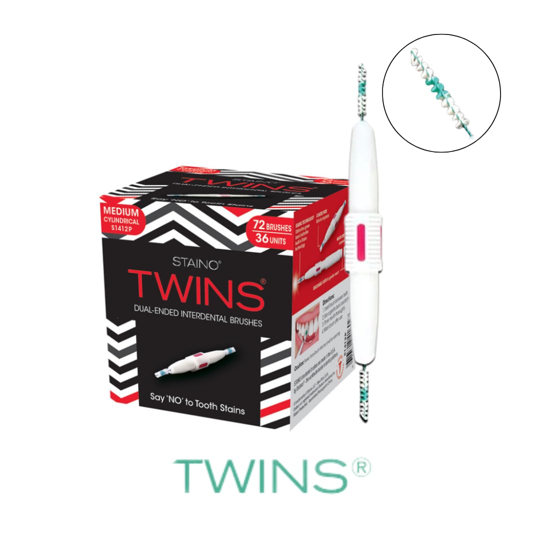 Staino Twins Interdental Brush - Dual-Ended Travel Dental Brush with Medium Cylindrical Bristles (36 Pack, 72 Total Brushes) - Perfect for On-the-Go Oral Care & Travel Hygiene