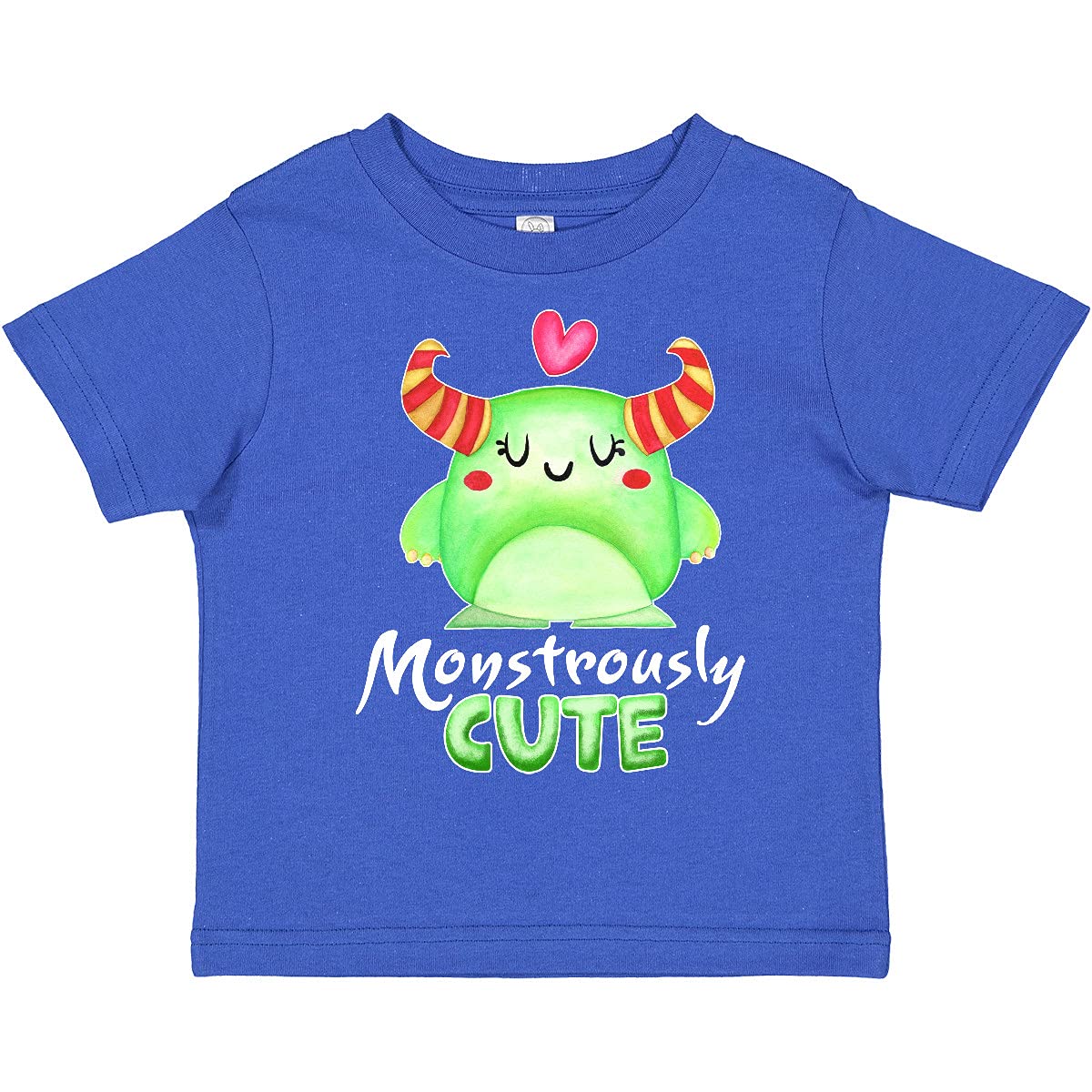 Inktastic Monstrously Cute Green Monster with Horns & Heart Graphic Toddler T-Shirt - Soft Cotton Tee for Kids Birthday & Halloween Costume
