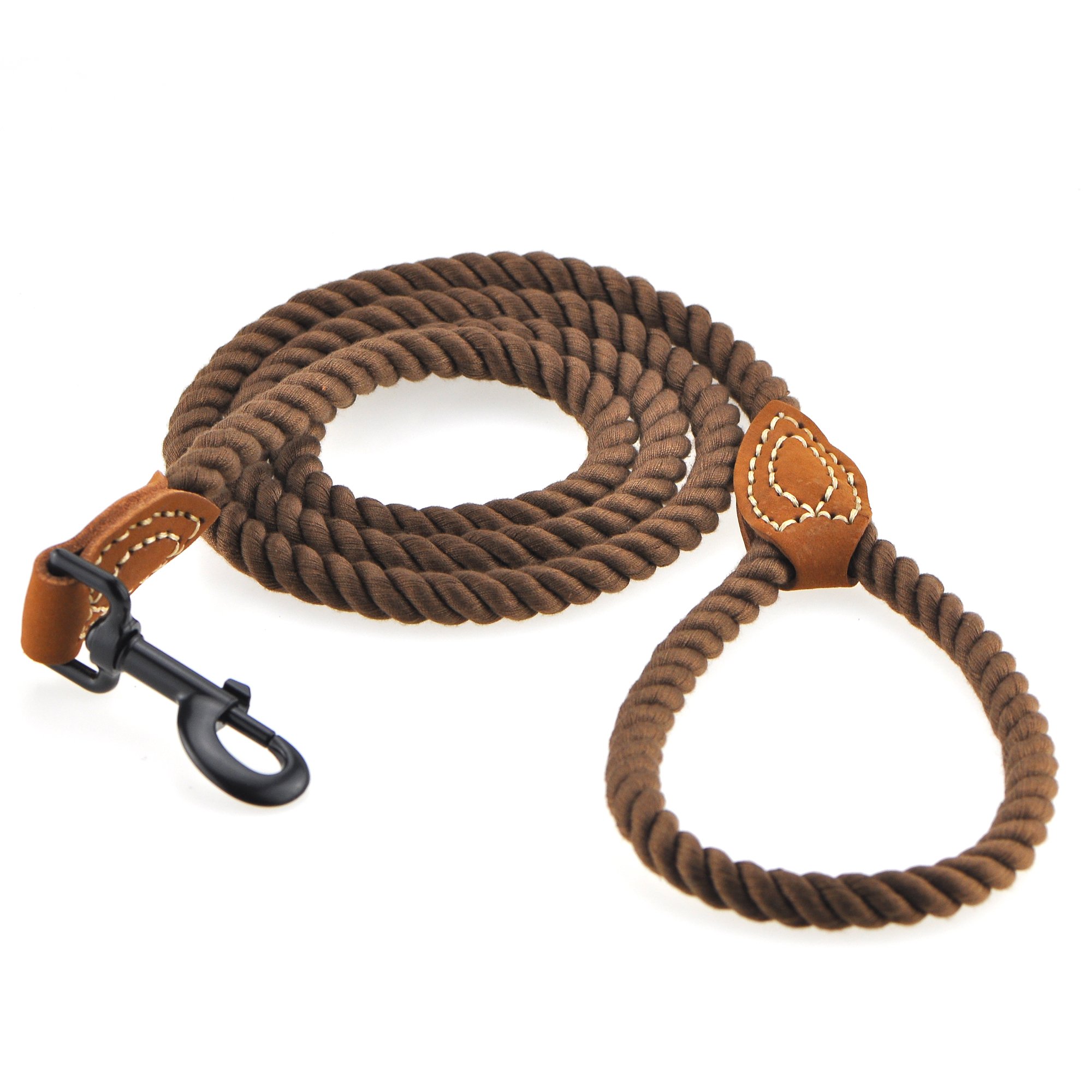 Premium Braided Cotton Dog Leash with Leather Tip - Heavy Duty 5ft Rope Leash with Metal Clasp for Medium & Large Dogs - Perfect for Weddings, Hiking & Daily Walks (Dark Brown, 60 Inches)