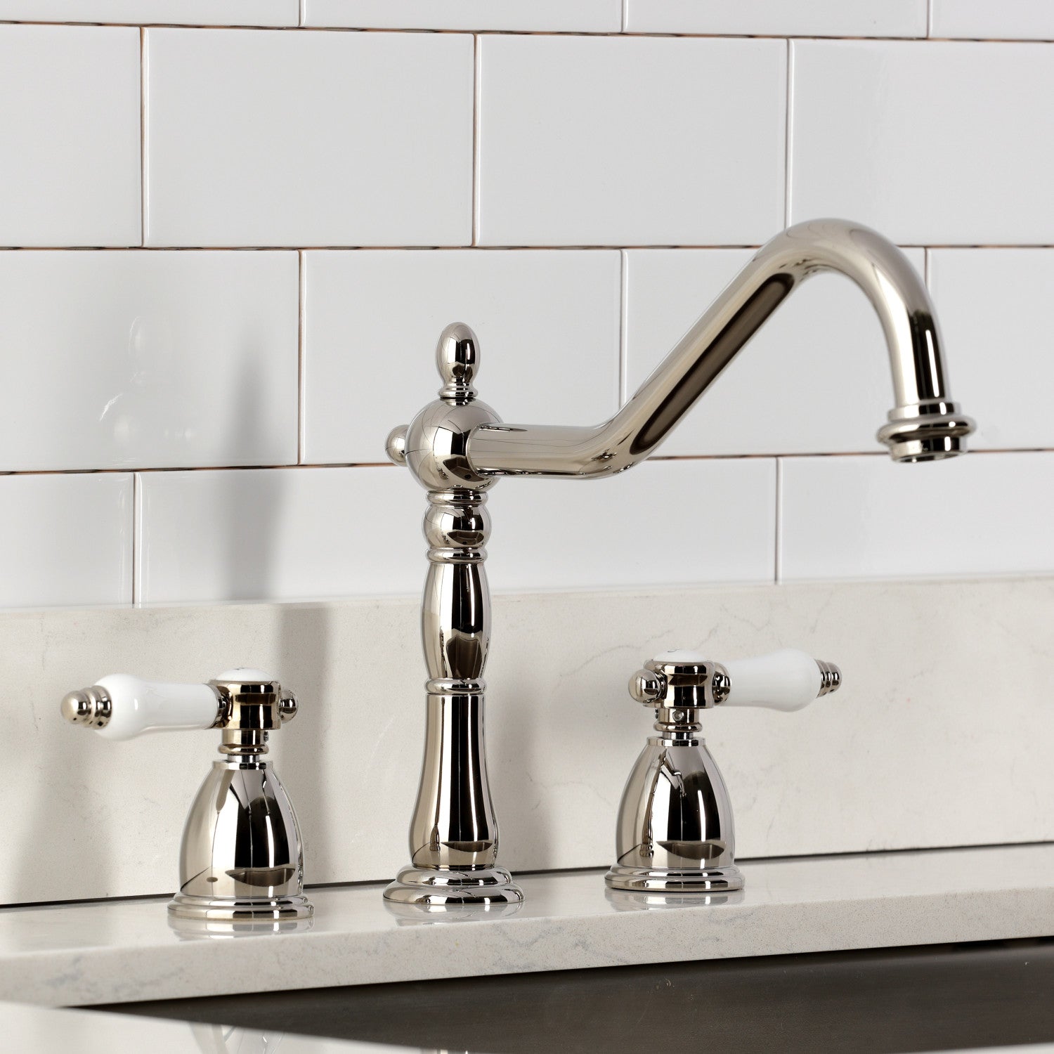 Bel Air KB1796BPLLS Double Handle Widespread Kitchen Faucet in Polished Nickel - Modern Design for Sink, Dishwashing & Food Prep | Durable & Stylish Bathroom or Kitchen Upgrade