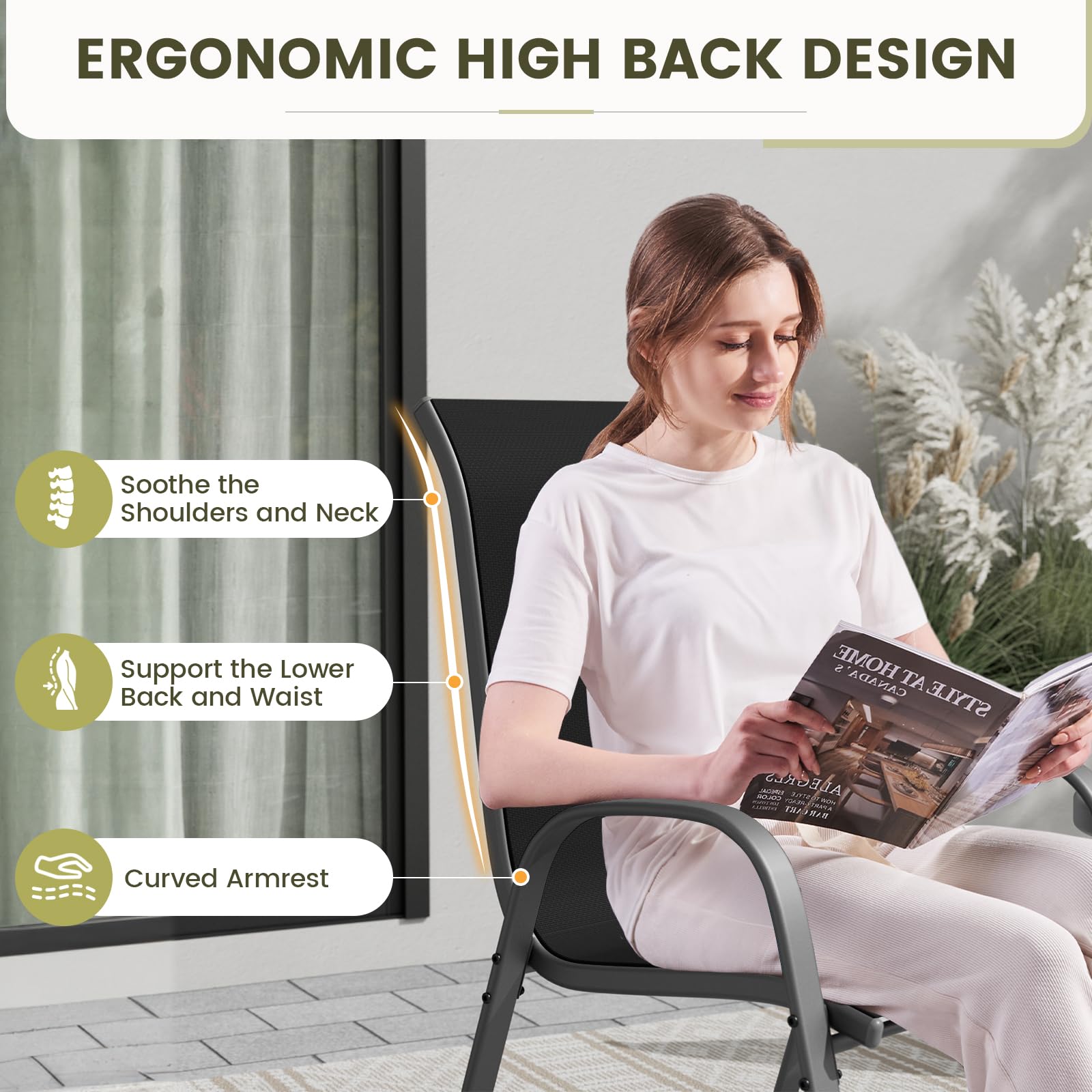 4-Piece Stackable Patio Chairs Set - All-Weather Outdoor Dining Chairs with Breathable Textilene Fabric, 350LB Capacity - Perfect for Garden, Backyard, Deck & Poolside (Black) | Durable Outdoor Furniture for Entertaining & Relaxation