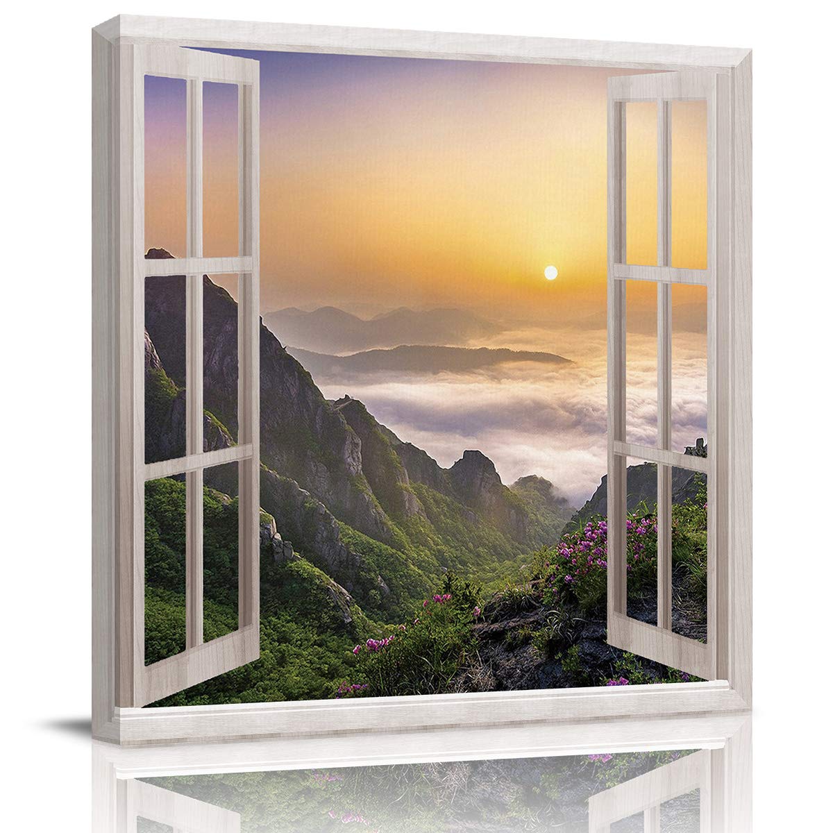 Creative Mountain Sunrise Window View Canvas Wall Art - Framed Bathroom & Home Decor for Living Room, Kitchen, Office - Ready to Hang | Perfect for Spa-Like Bathrooms & Cozy Living Spaces
